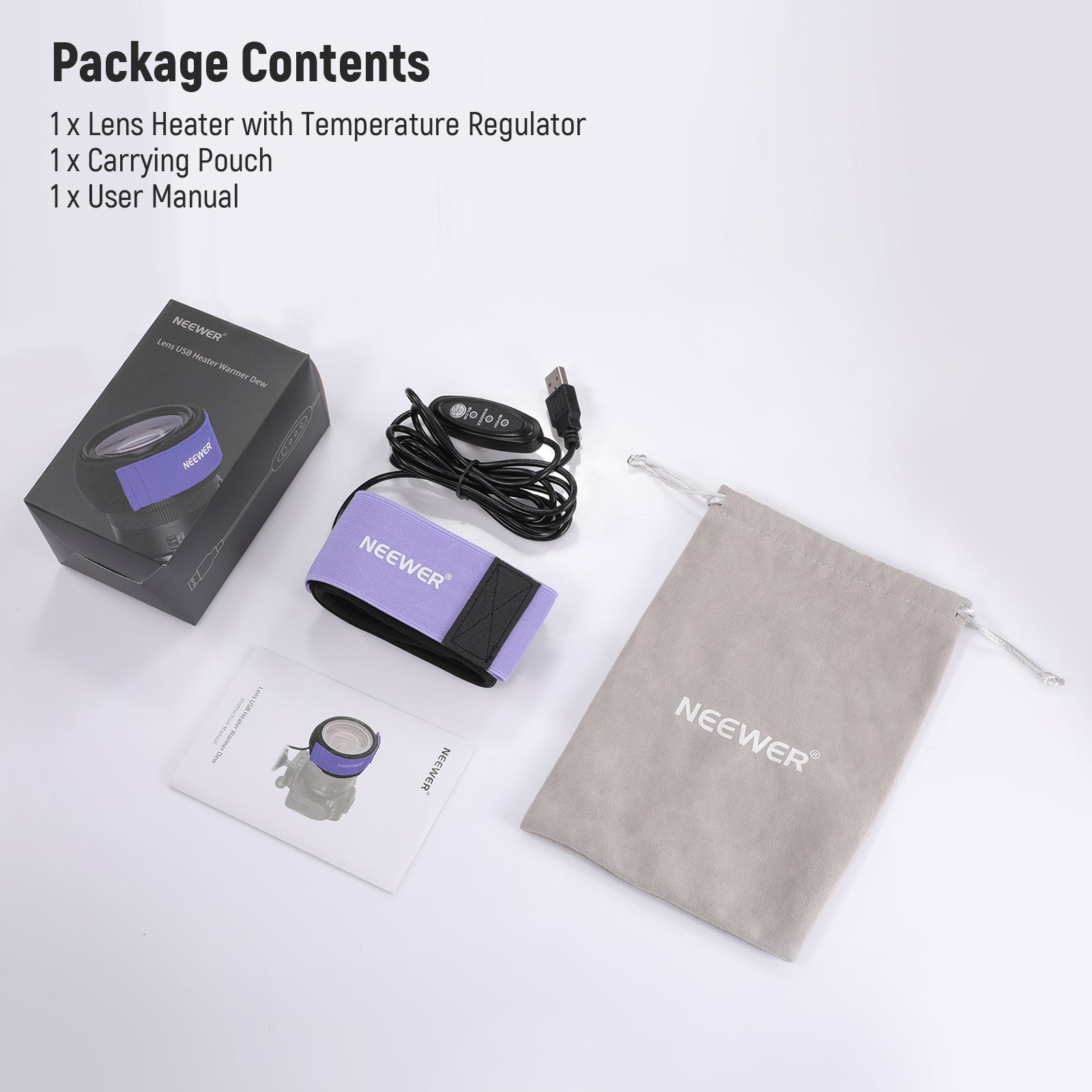 Package Contents of the NEEWER HW-28 USB Lens Heater