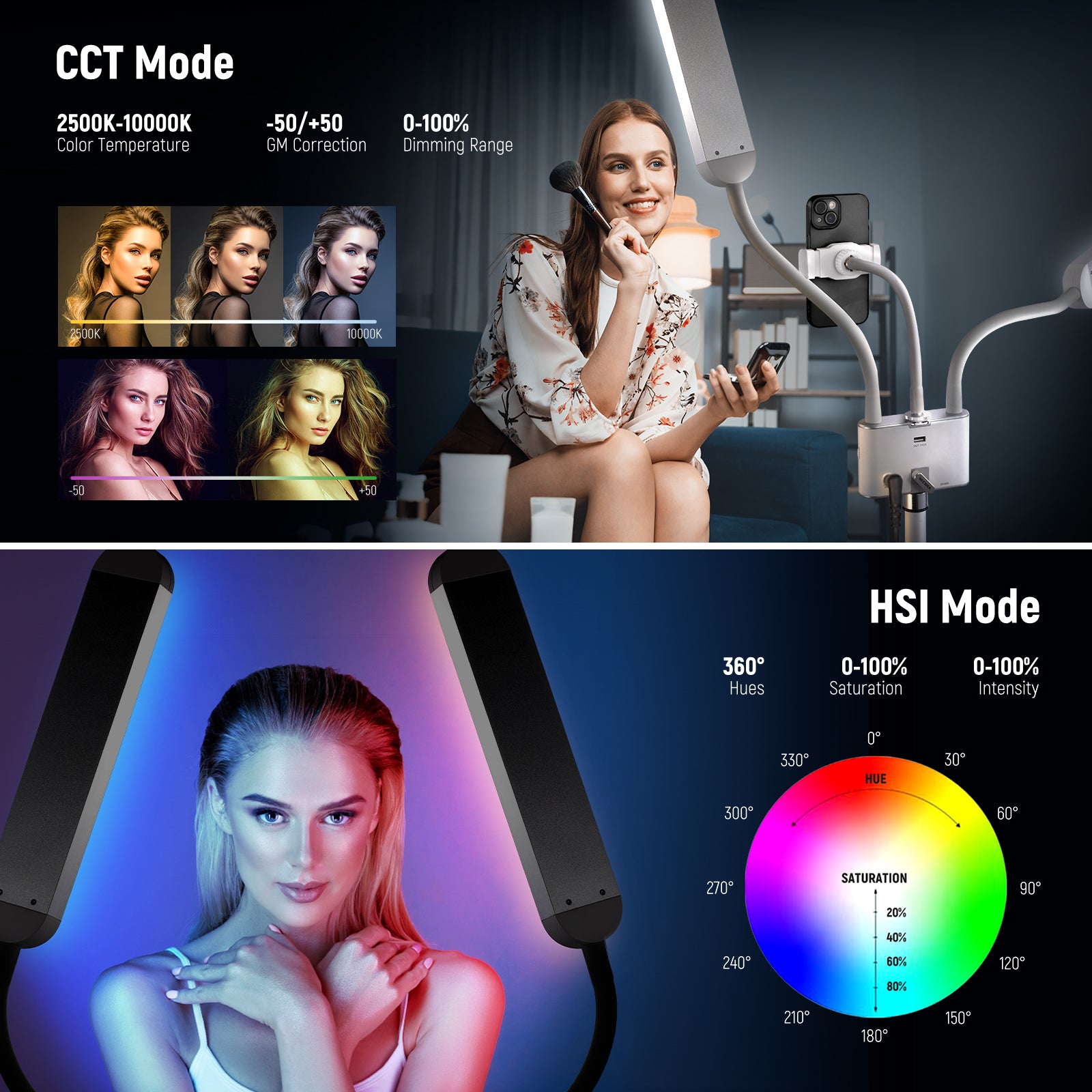 NEEWER BH40C RGB Esthetician Light features CCT and HSI mode.