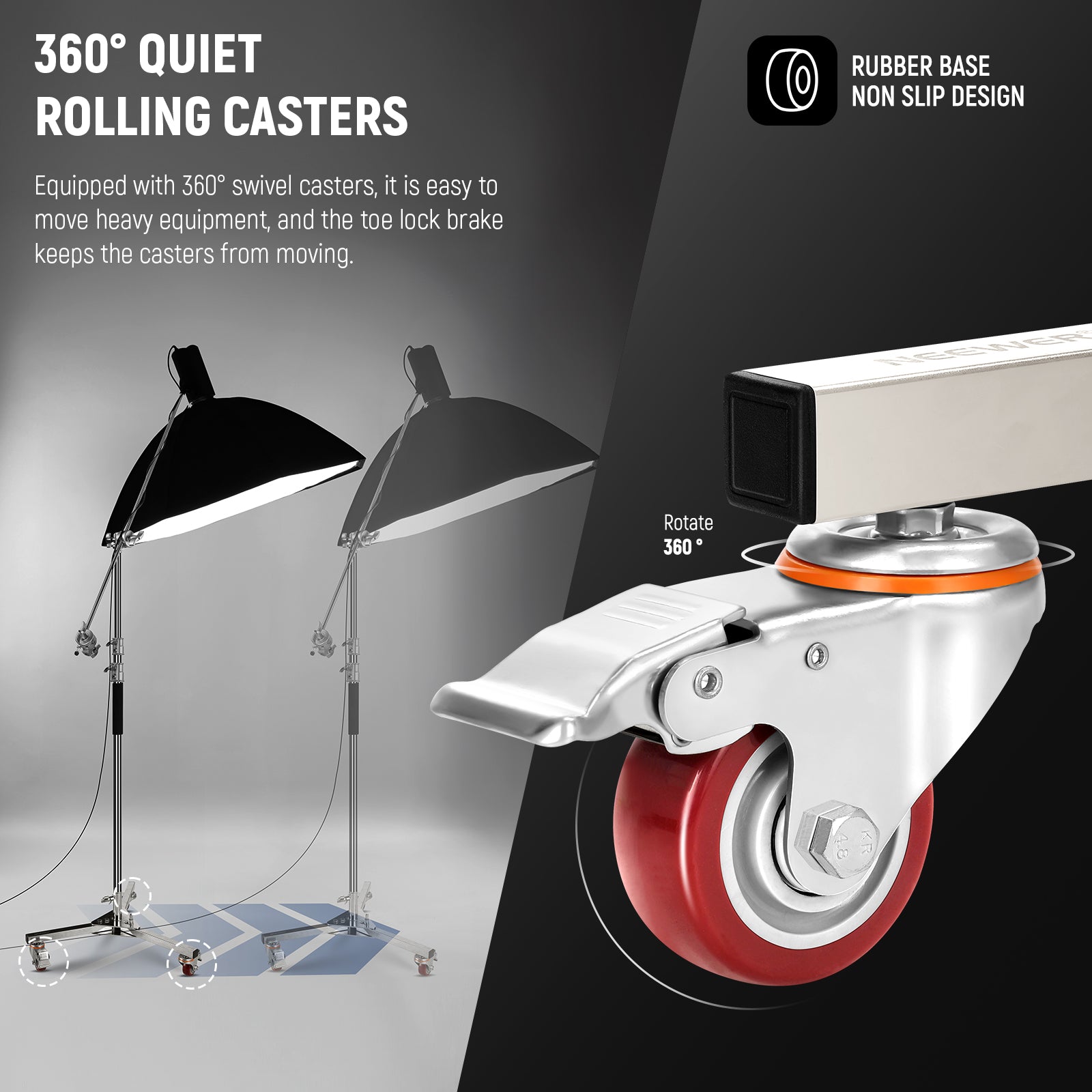 NEEWER ST002 Heavy Duty Light Stand Base is equipped with 360° swivel casters.