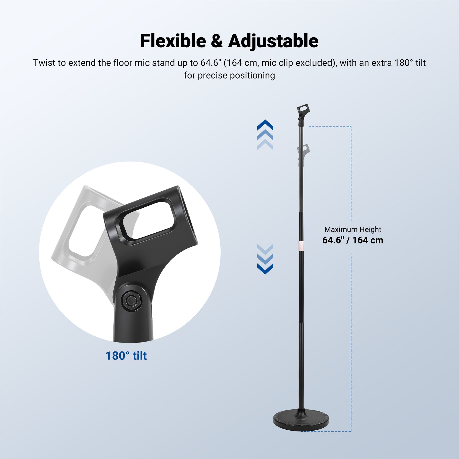 Twist to extend the floor mic stand up to 64.6" (164 cm, mic clip excluded).