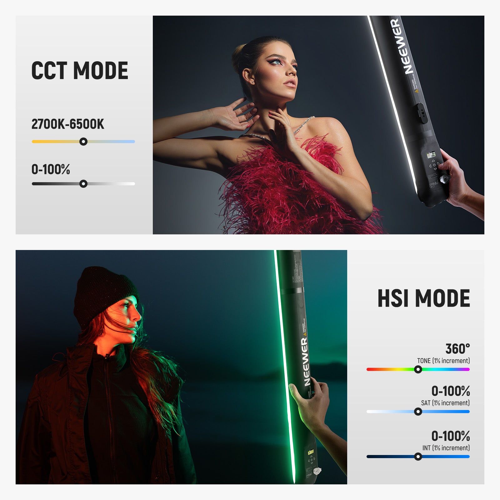 This soft TPU light wand features CCT and HSI modes.