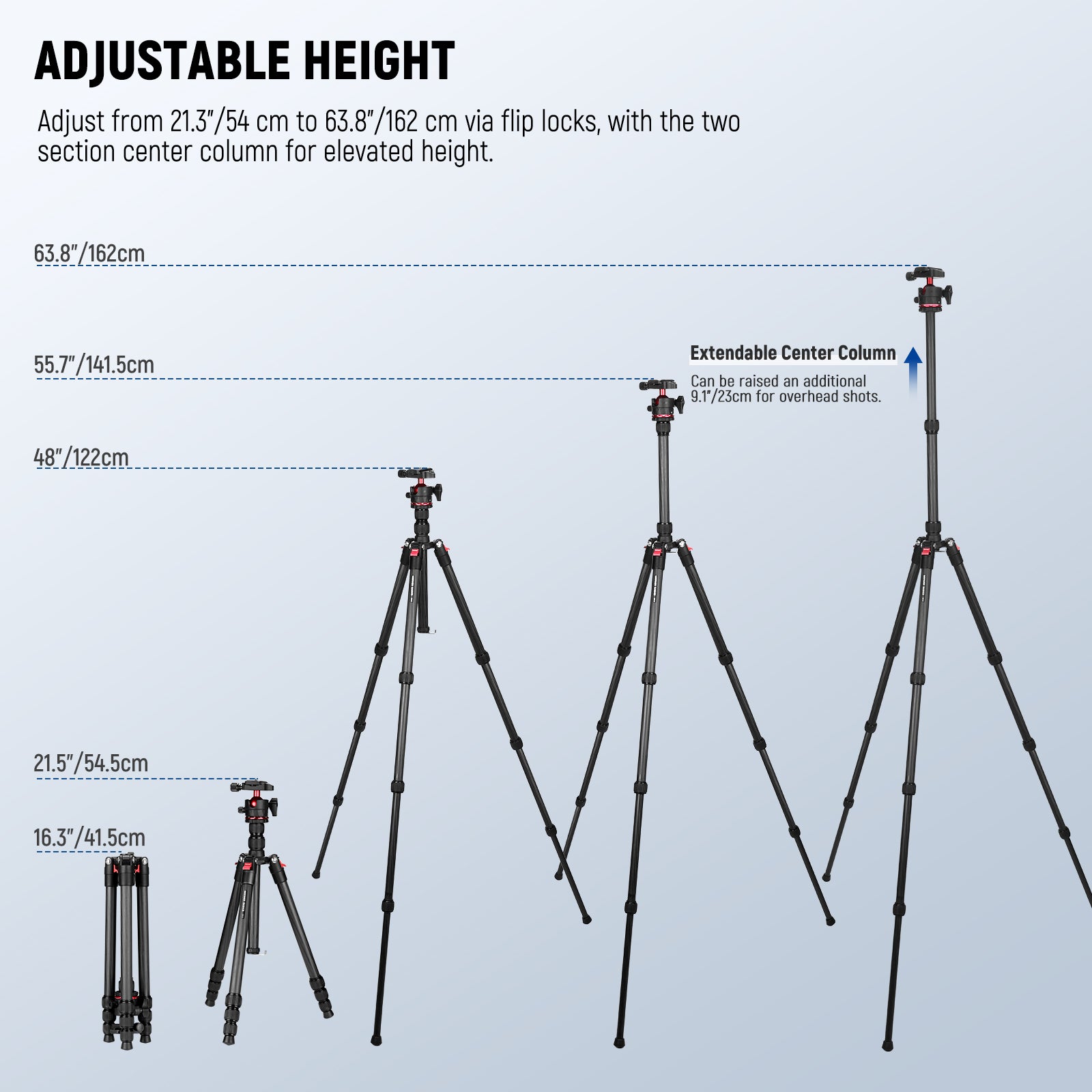 NEEWER TP17 Carbon Fiber Travel Tripod can be adjusted from 54cm to 162cm.