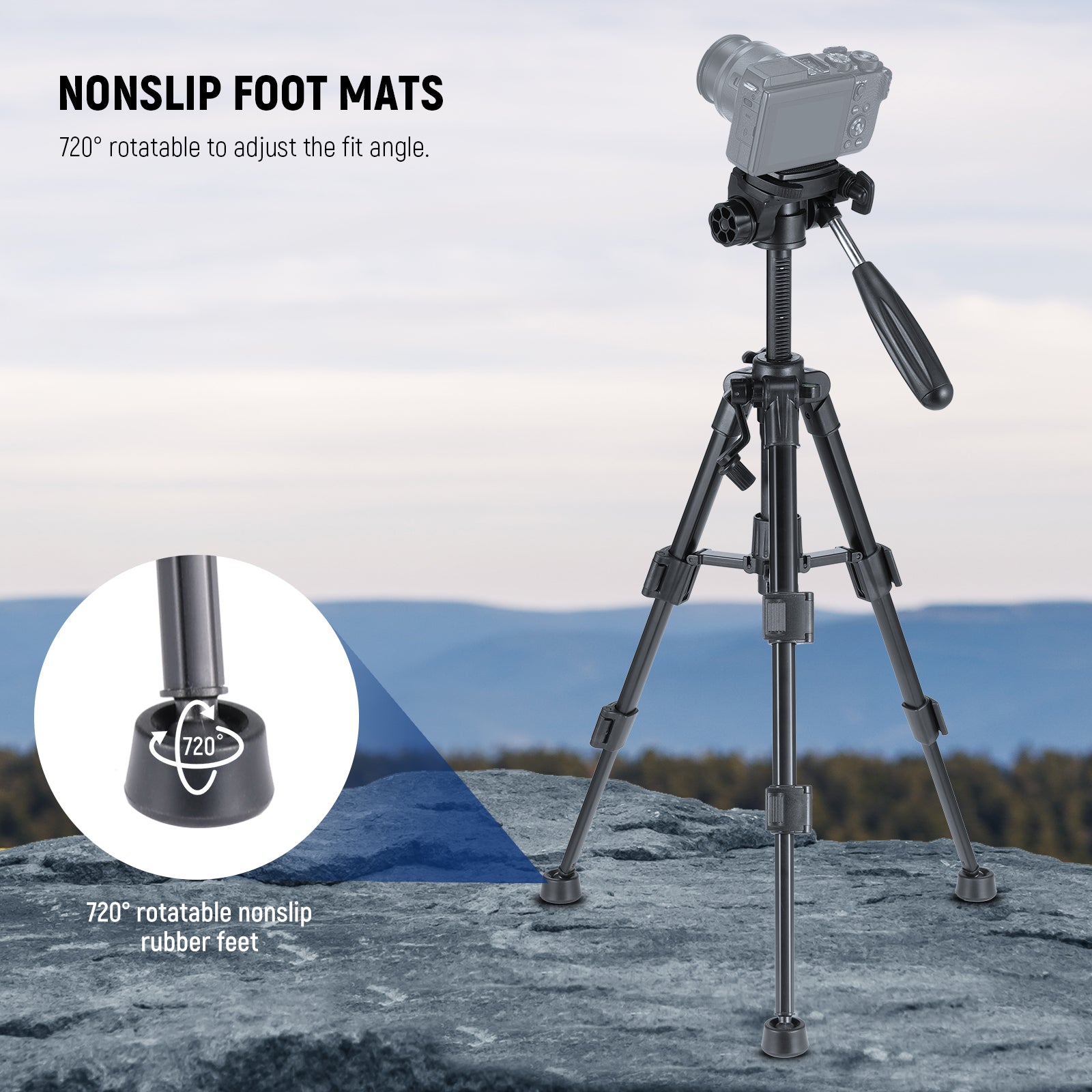 the 720° rotatable nonslip rubber feet provide stability on any terrain