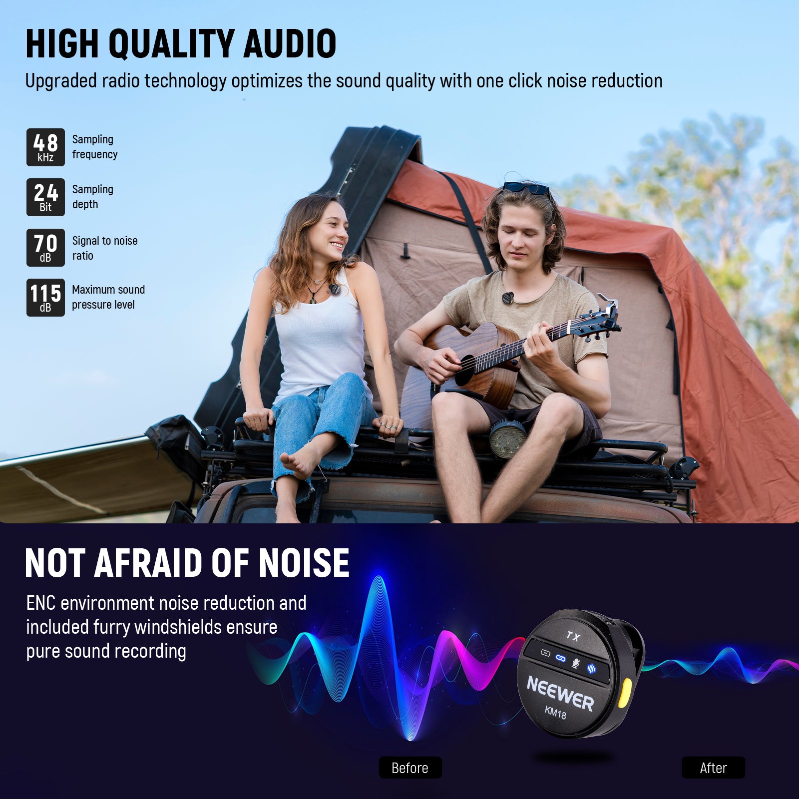 NEEWER KM18 Wireless Button Lavalier Microphone features upgraded radio technology.