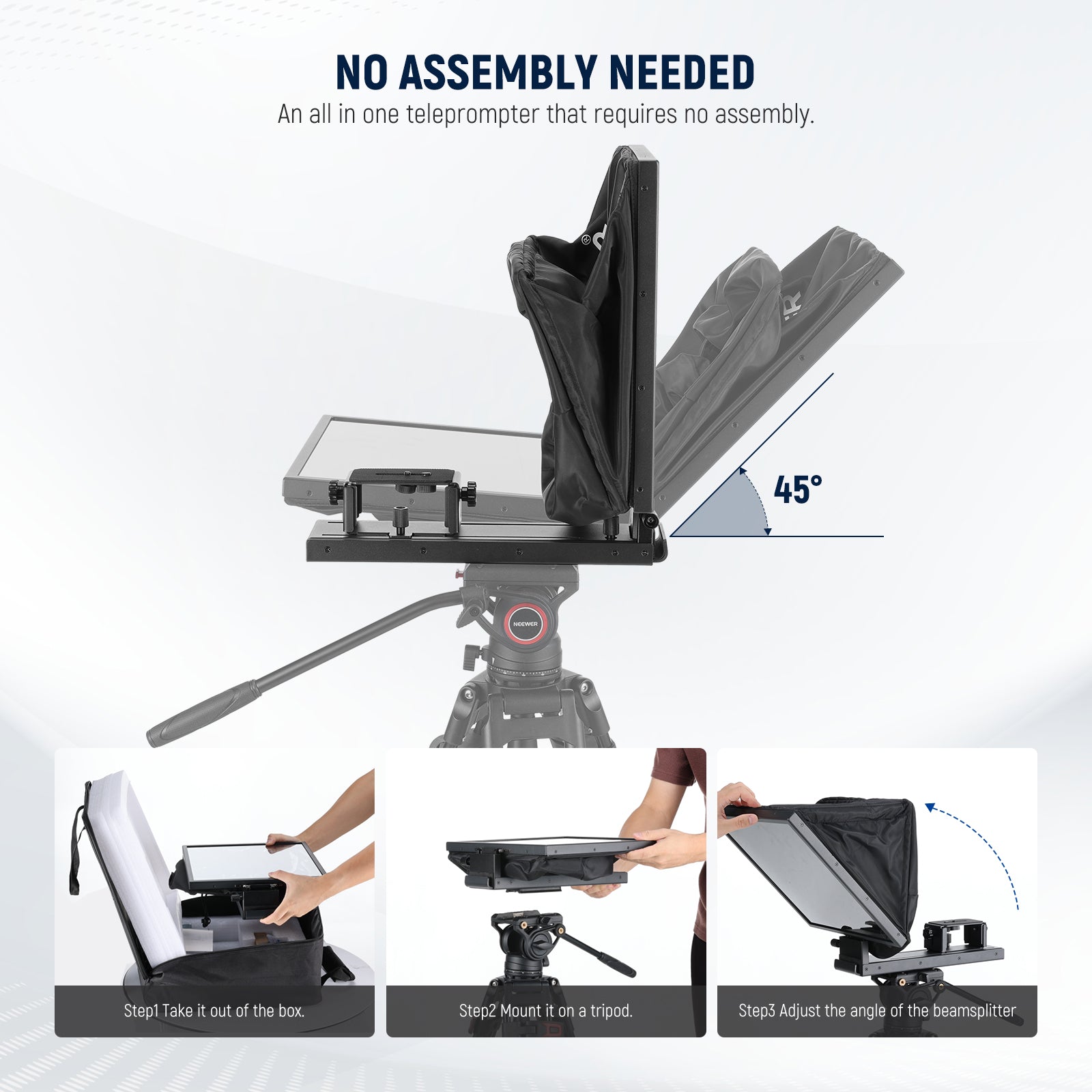 The NEEWER X16B tablet teleprompter features a one piece, foldable design.