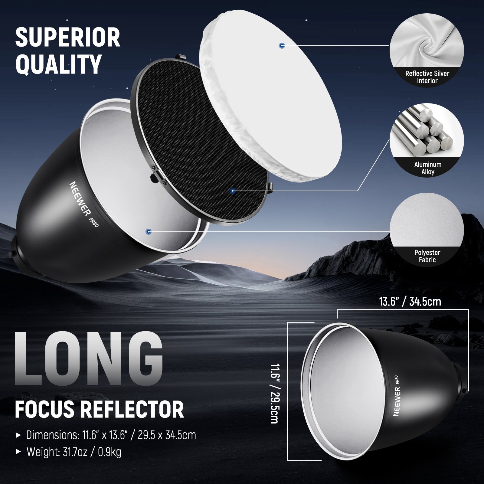 this reflector with a reflective silver interior is designed for a long throw of light