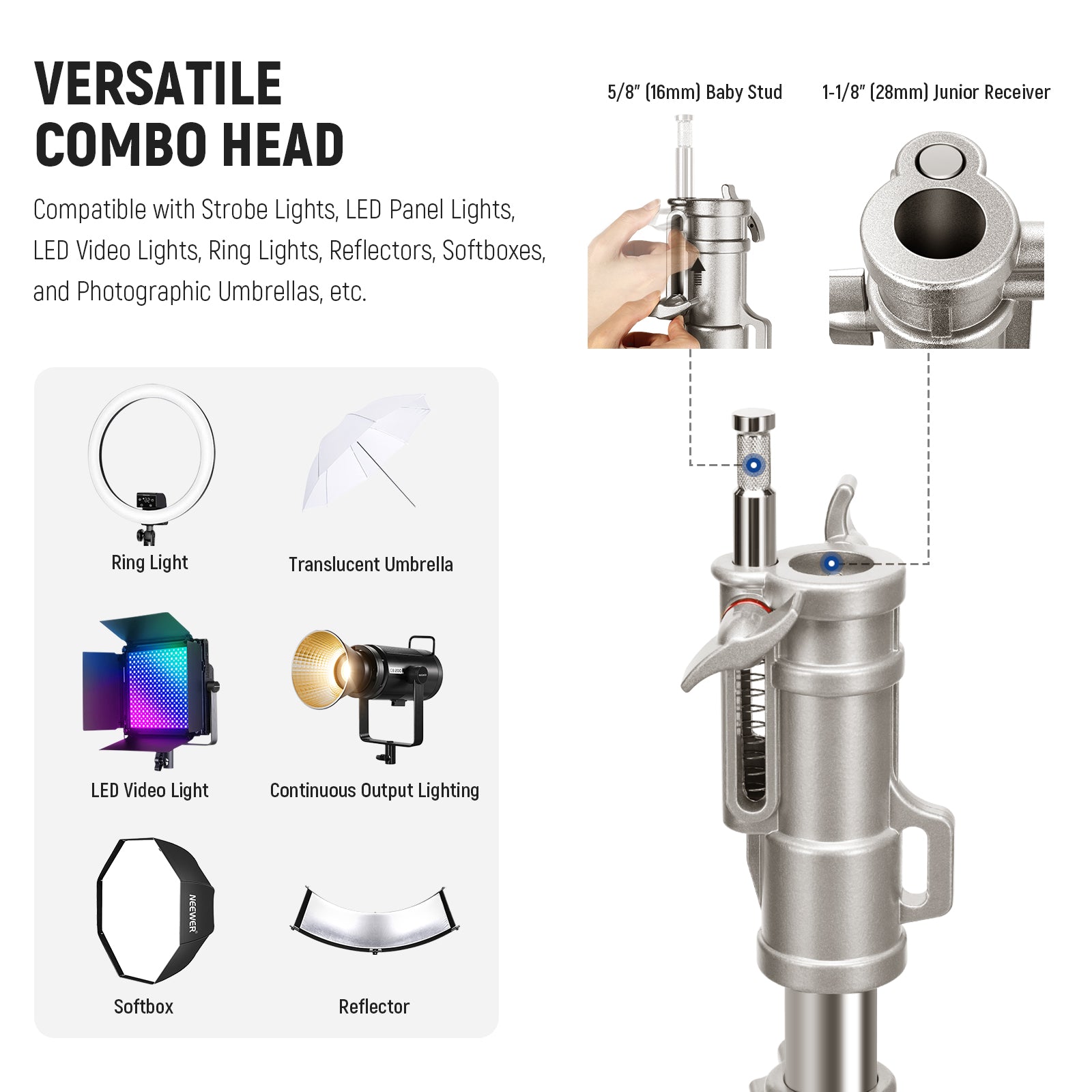 NEEWER ST240SS Rolling Light Stand has a  versatile combo head.