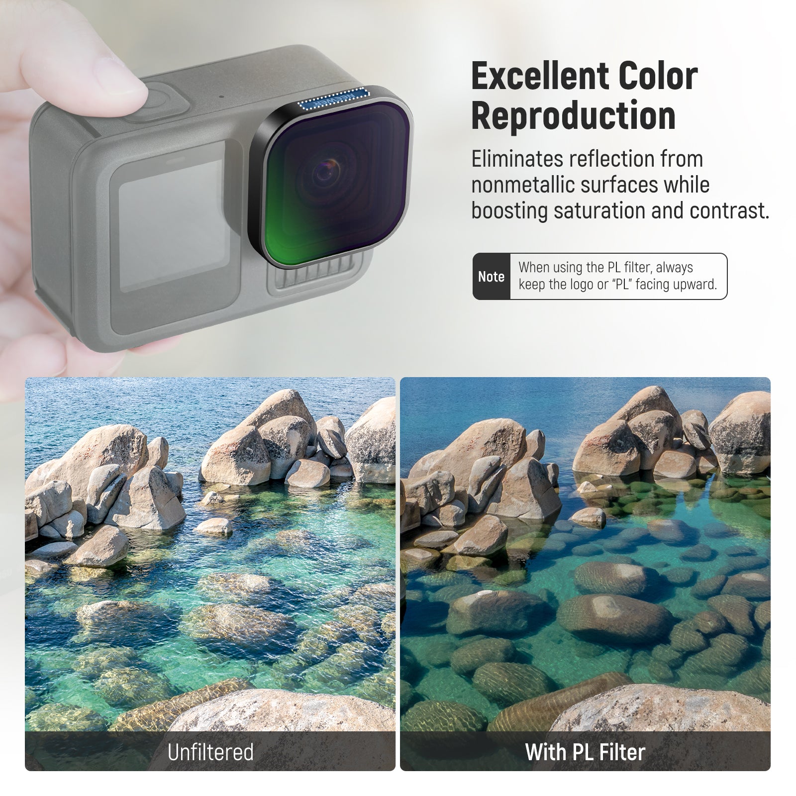 The polarizer filter minimizes reflection on nonmetallic surfaces