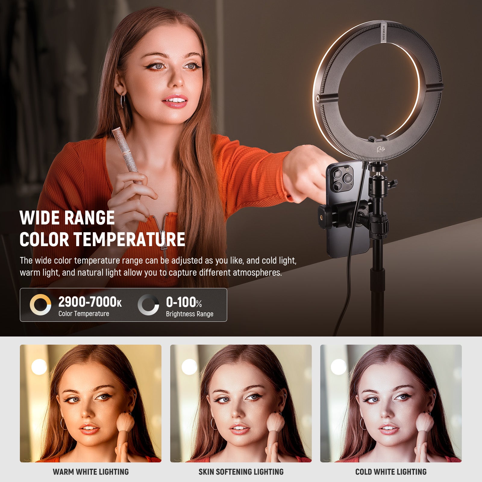 NEEWER RH8B Desk Ring Light features wide range color temperature.
