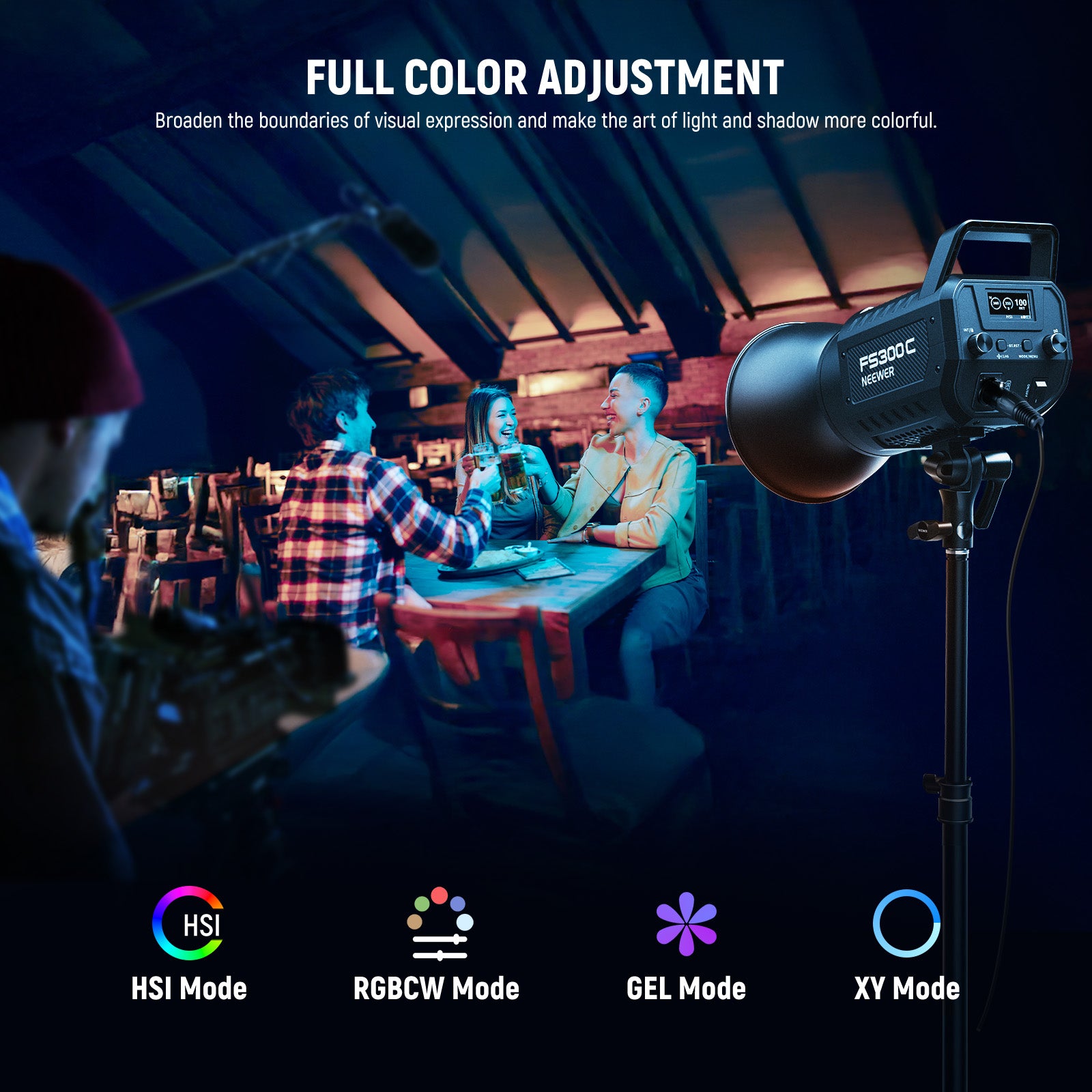 The FS300C Video Light has built in CCT/HSI/RGBCW/Scene/Gel/Light Source lighting modes