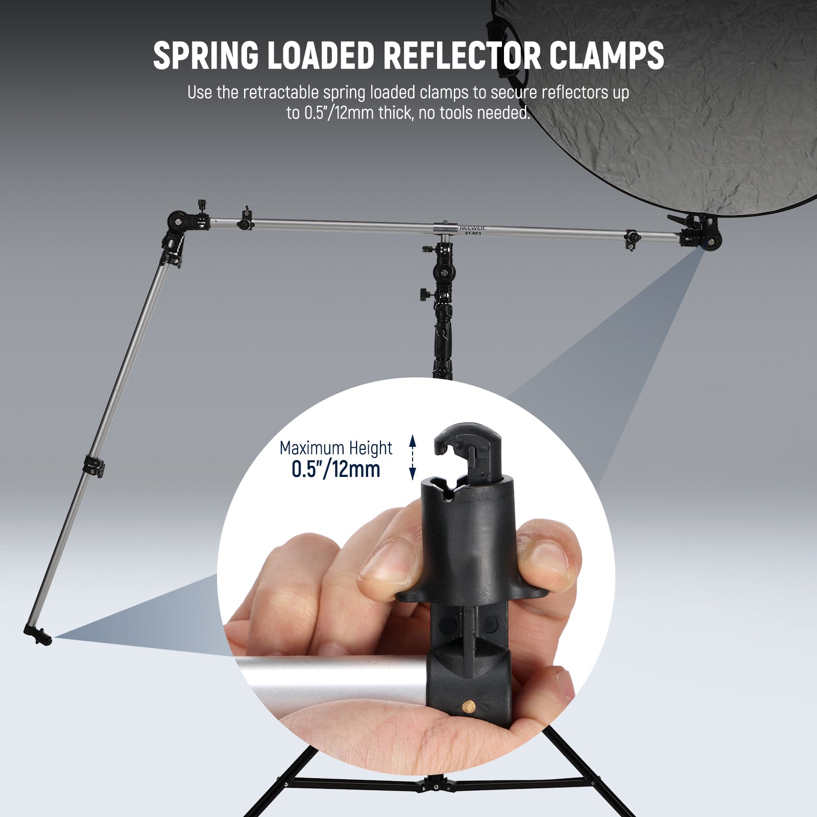 Just use the retractable spring loaded clamps to secure reflectors up to 0.5"/12mm thick