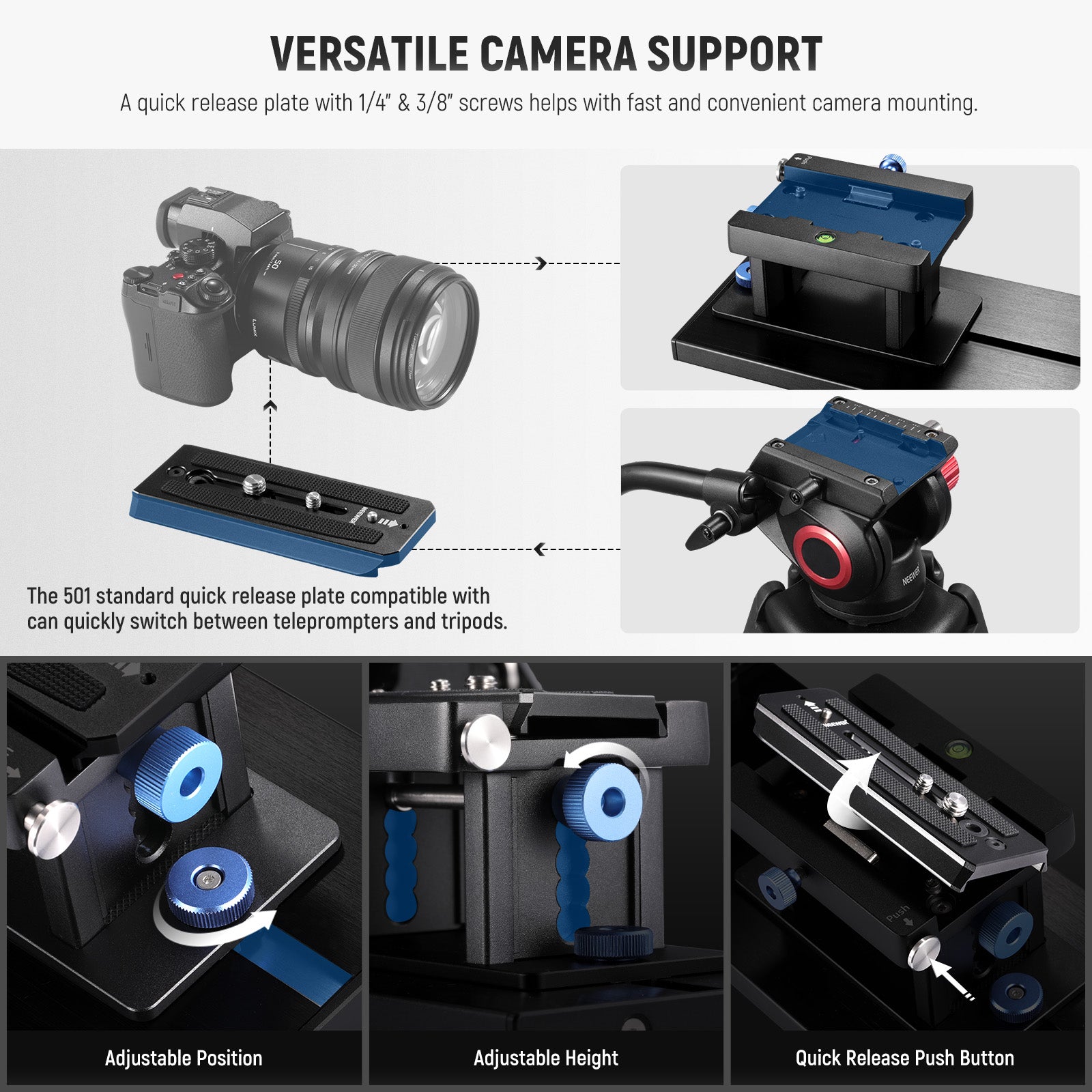 The 1/4" and 3/8" screws connect DSLR cameras and camcorders of up to 44lb