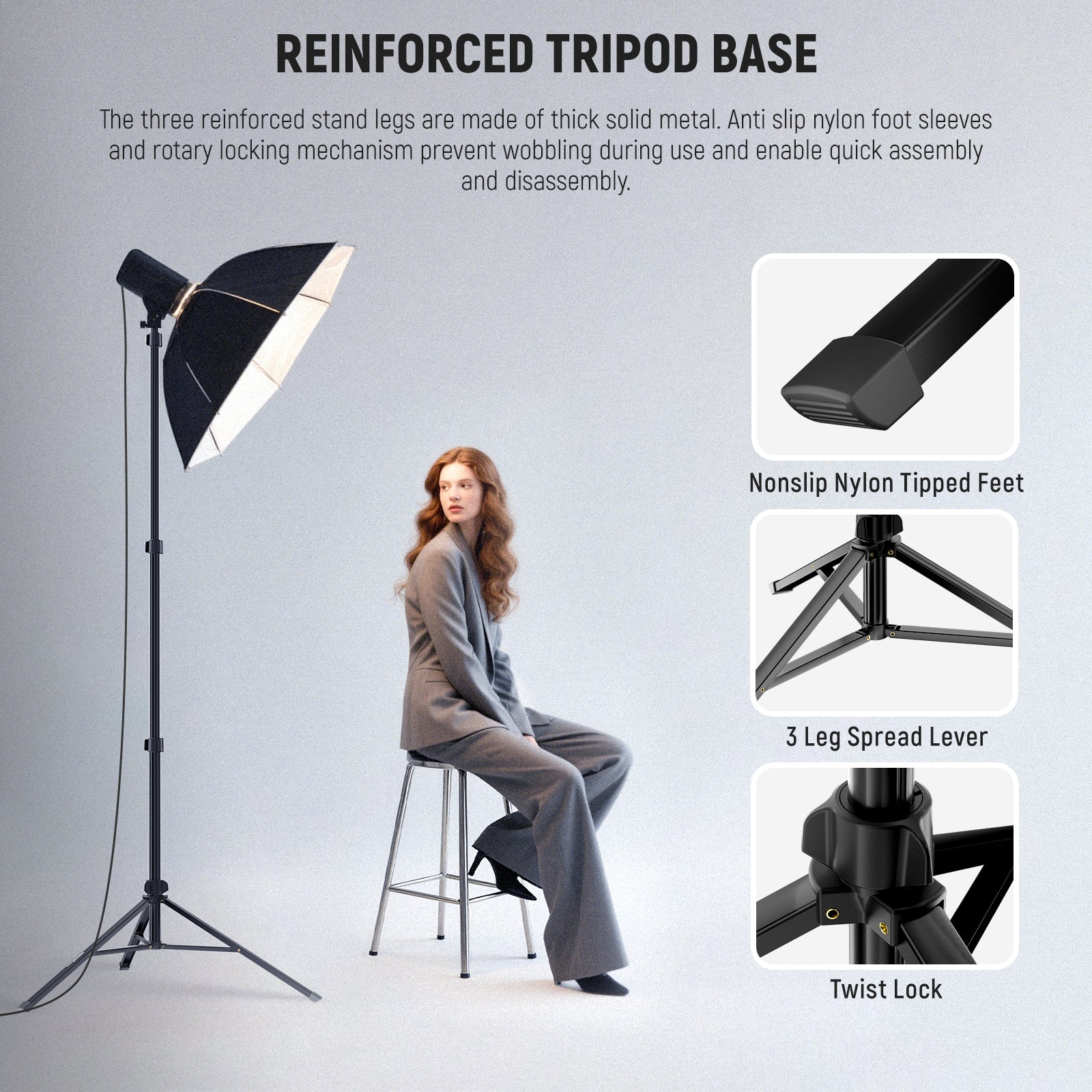 NEEWER ST200B Lightweight Photography Light Stand features a reinforced tripod base.