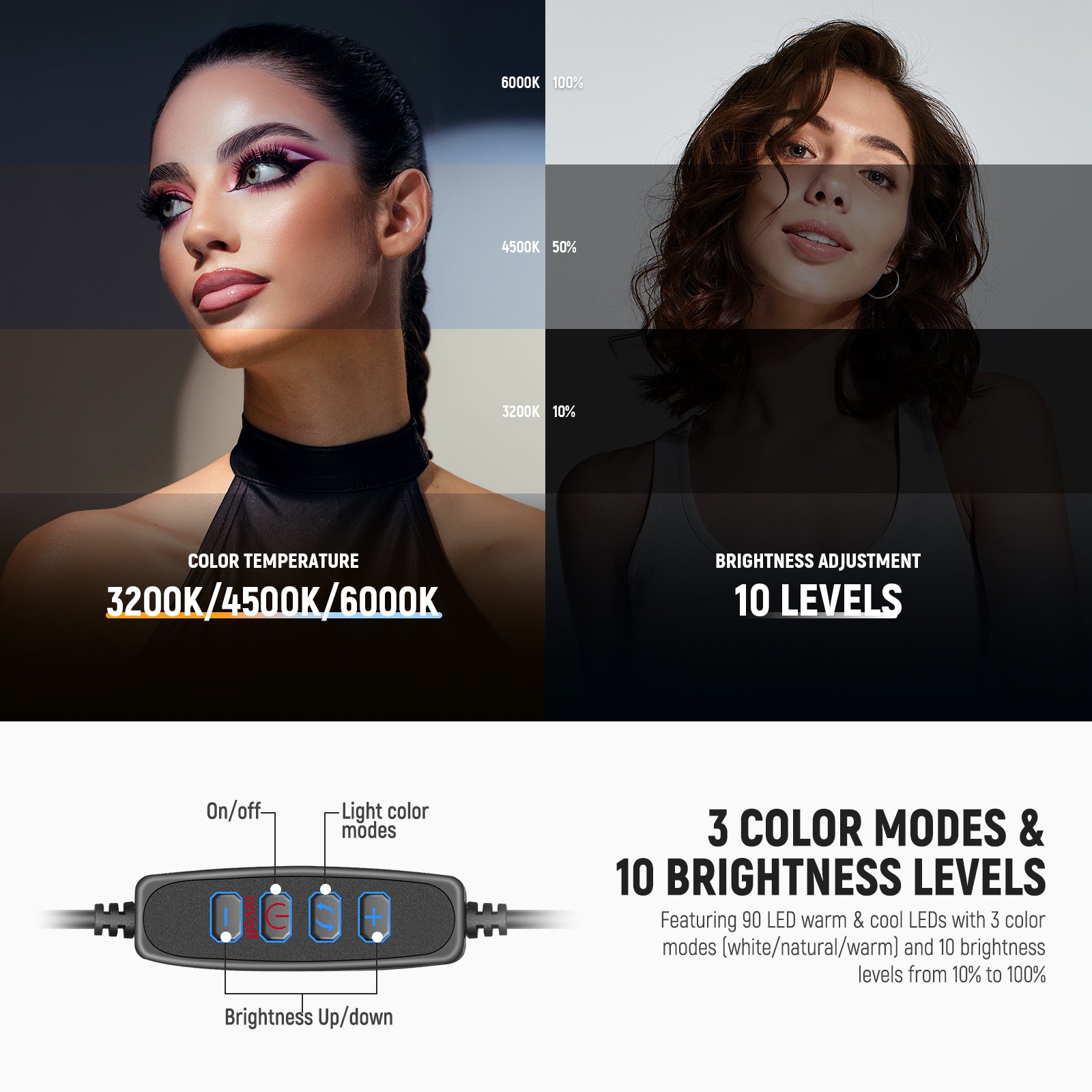 NEEWER RP10-H Selfie Ring Light offers 10 brightness levels from 10% to 100%