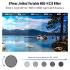 This variable neutral density lens filter (ND2-32) provides 1-5 stops of light reduction