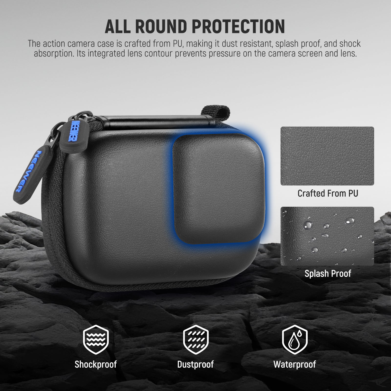 The action 4 case is crafted from PU, making it dust resistant, splash proof, and shock absorption.