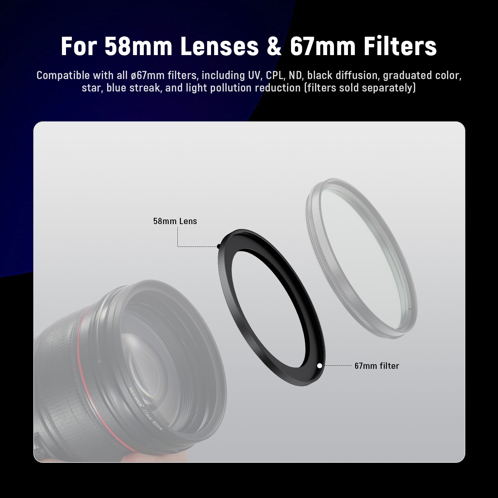 This step up ring allows you to mount an 67mm filter on a 58mm lens