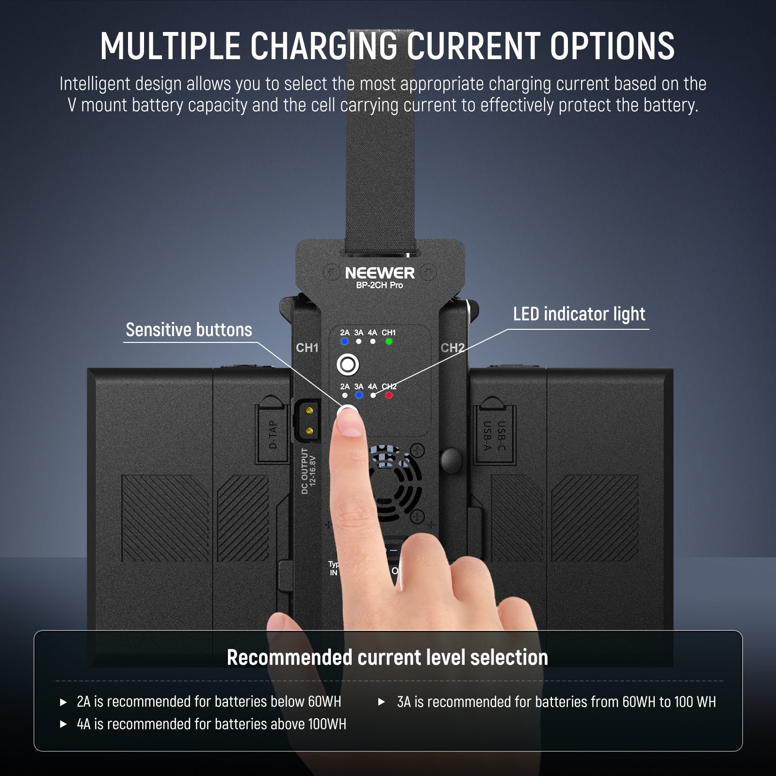 NEEWER BP-2CH Pro Dual Channel V Mount Battery Charger offers multiple charging current options.