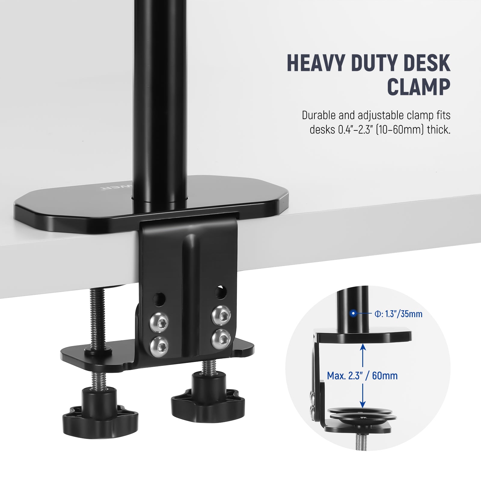 Durable and adjustable clamp fits desks 10-60mm thick