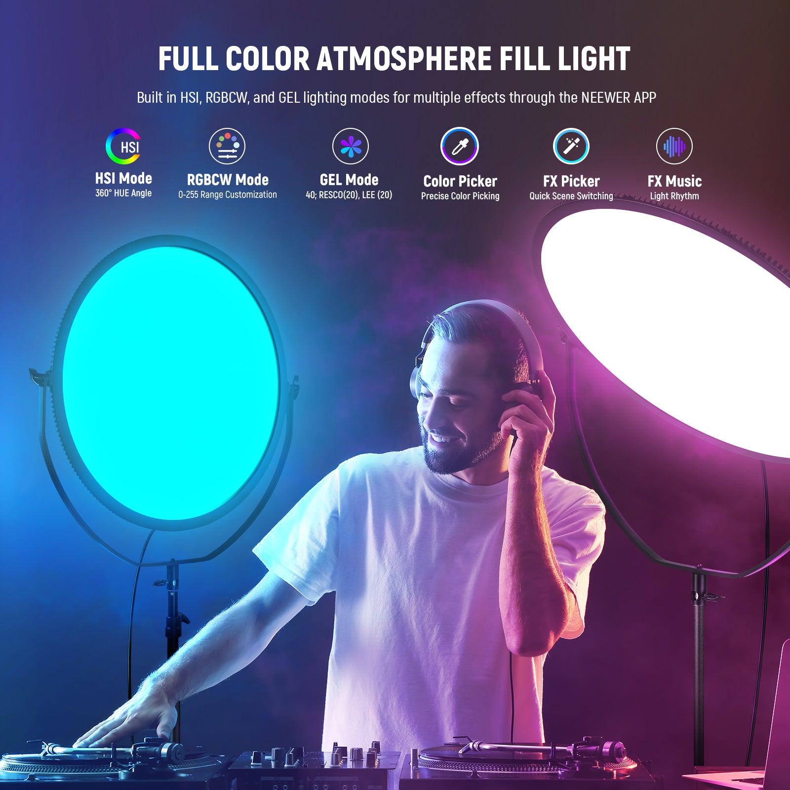 Built in with HSI, RGBCW, GEL, and FX modes to create the multi color lighting effects and creative atmospheres for your shoots.