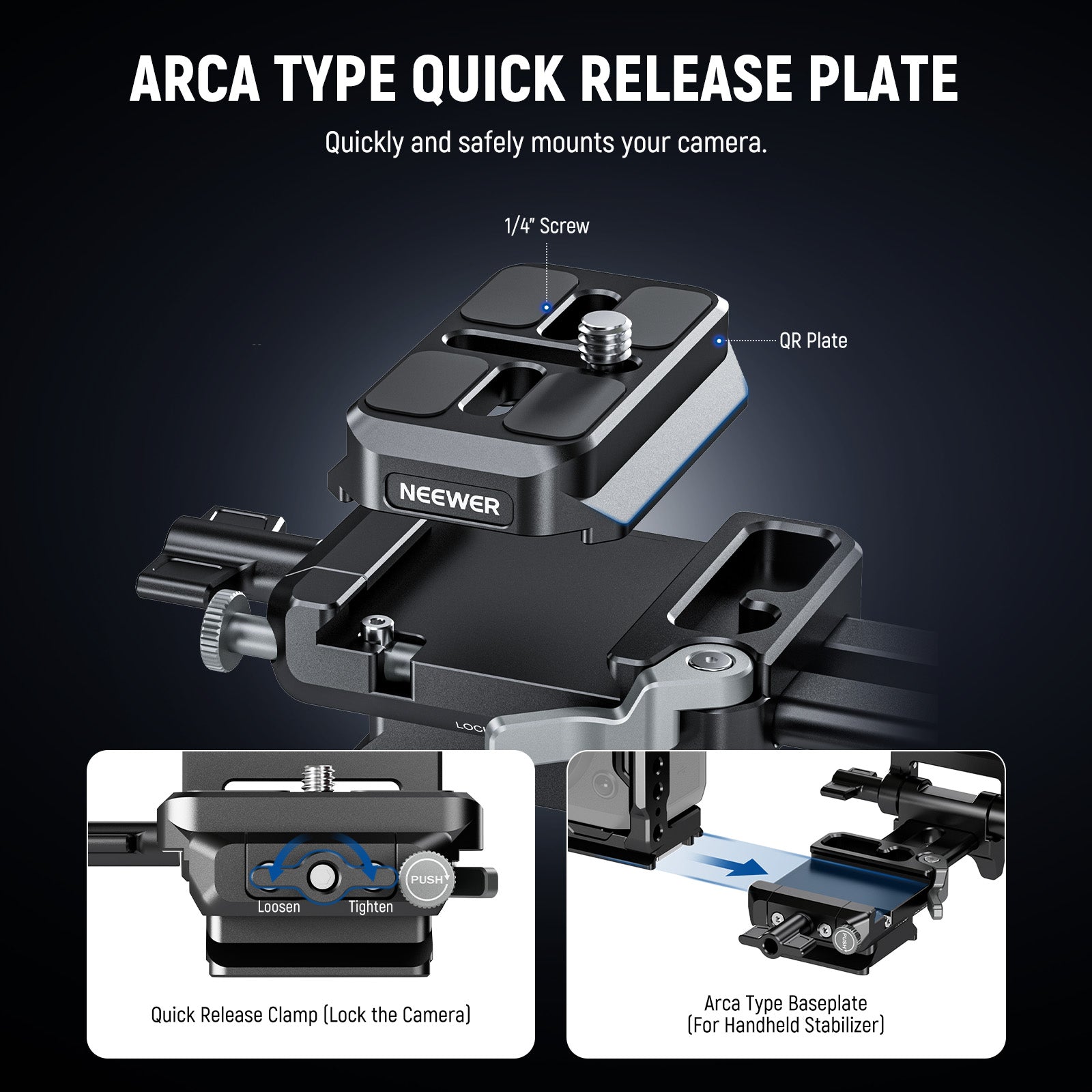 The battery plate features an Arca type QR plate with two 1/4" screws.