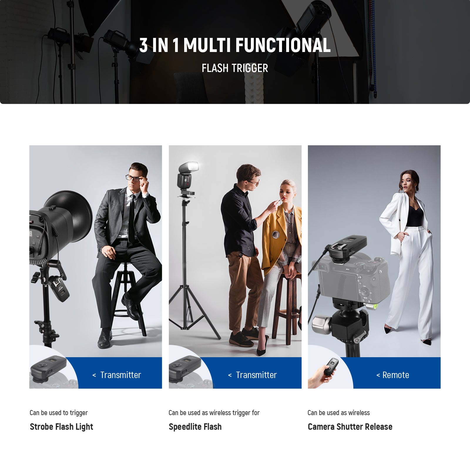 This remote flash trigger transmitter can be used as wireless trigger speedlite flash