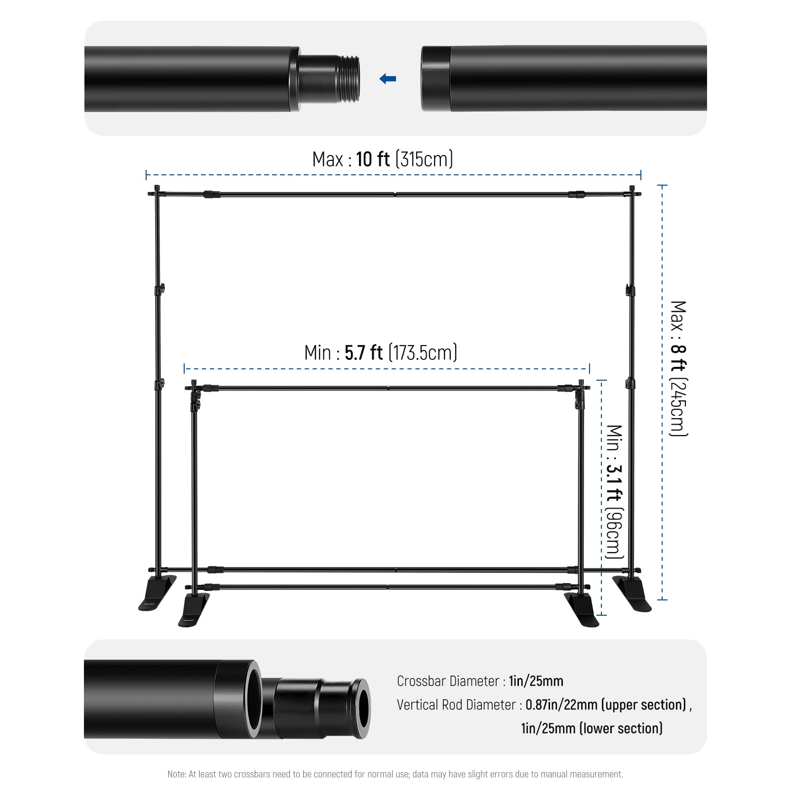 this 10 x 8ft / 3.1 x 2.4m backdrop stand features two widened metal bases for unmatched stability up to 11lb/5kg.