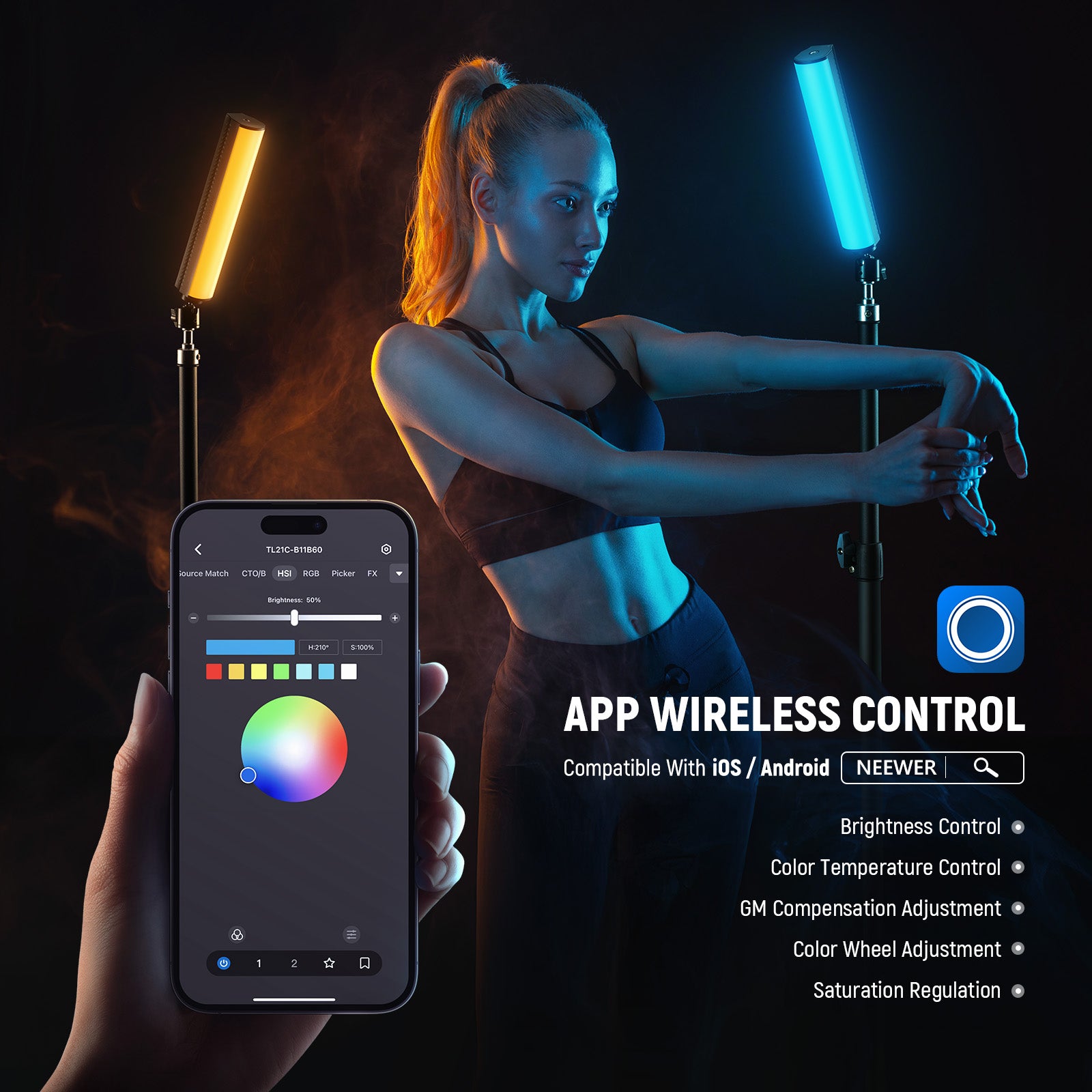 NEEWER TL21C RGB Handheld Light Wand can be controlled by the APP