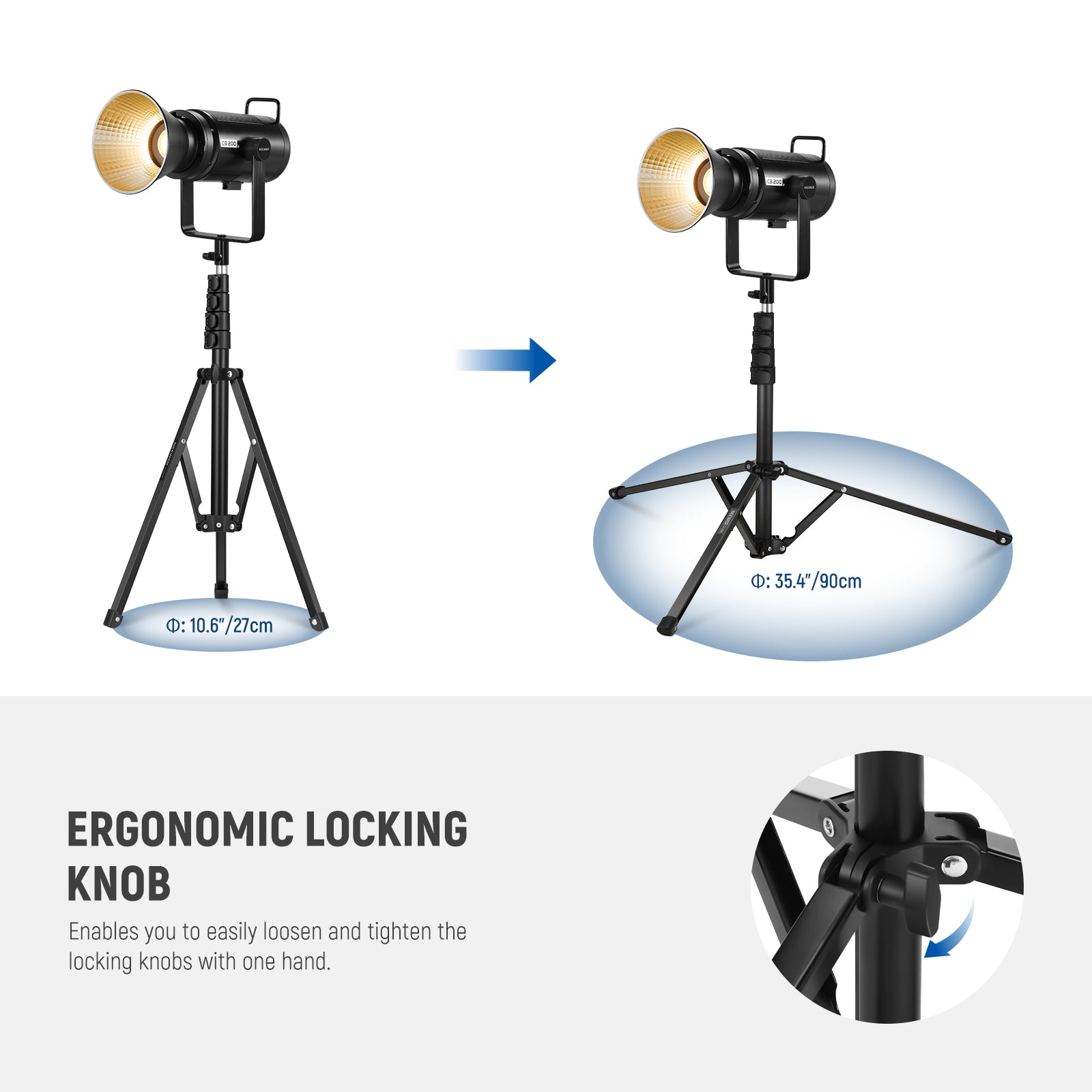 This photography light stand features 4 flip locks