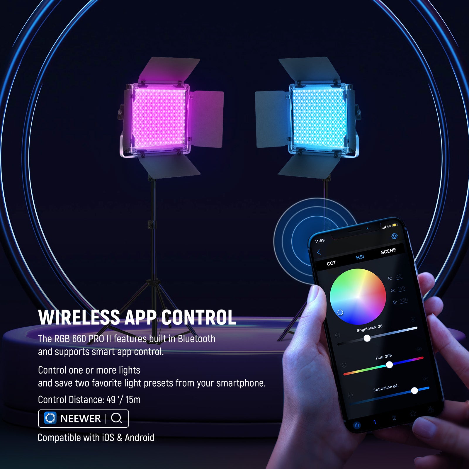 NEEWER 660PRO features built in buletooth and supports smart app control.