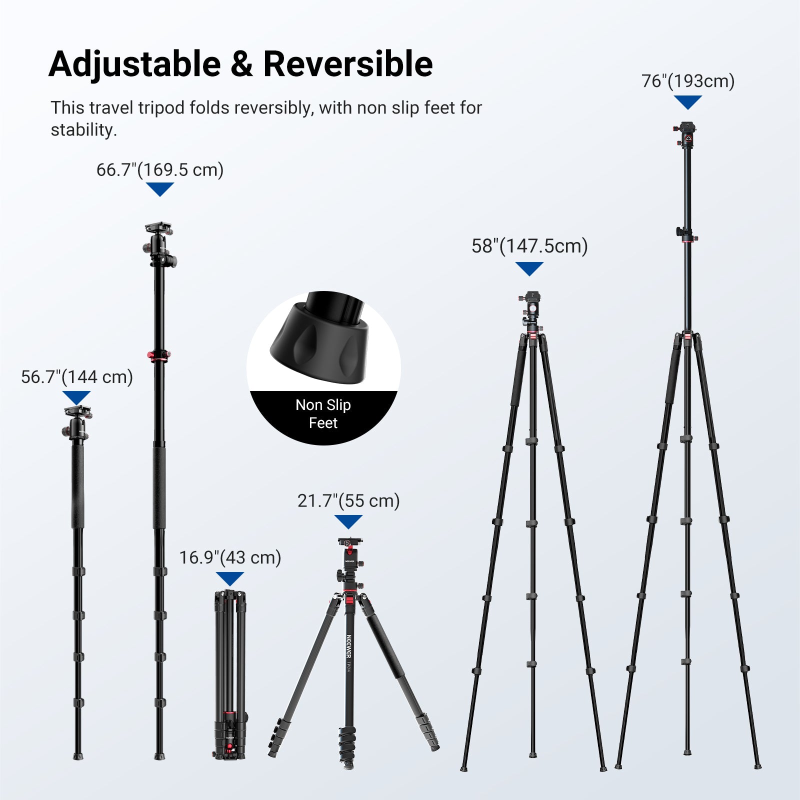 NEEWER TP014 Travel Tripod folds reversibly, with non slip feet for stability.