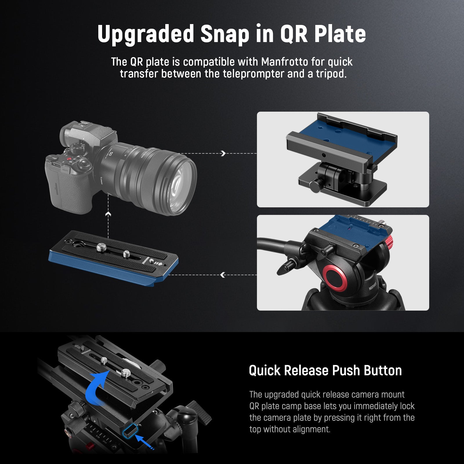 NEEWER C12 Camera Teleprompter features the upgraded quick release camera mount QR plate camp base