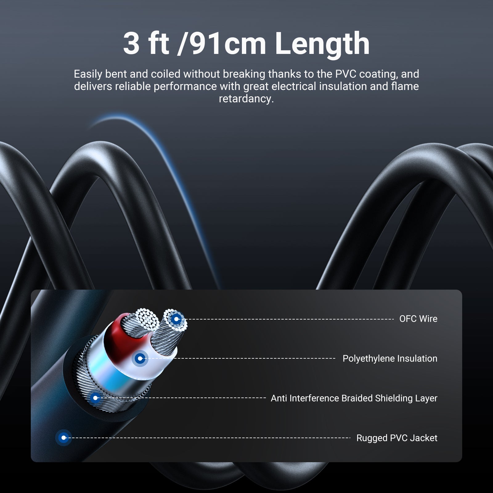 At 3 ft (91 cm), the 3.5mm to dual 1/4 adapter cable features PVC jackets to bridge varying distances.