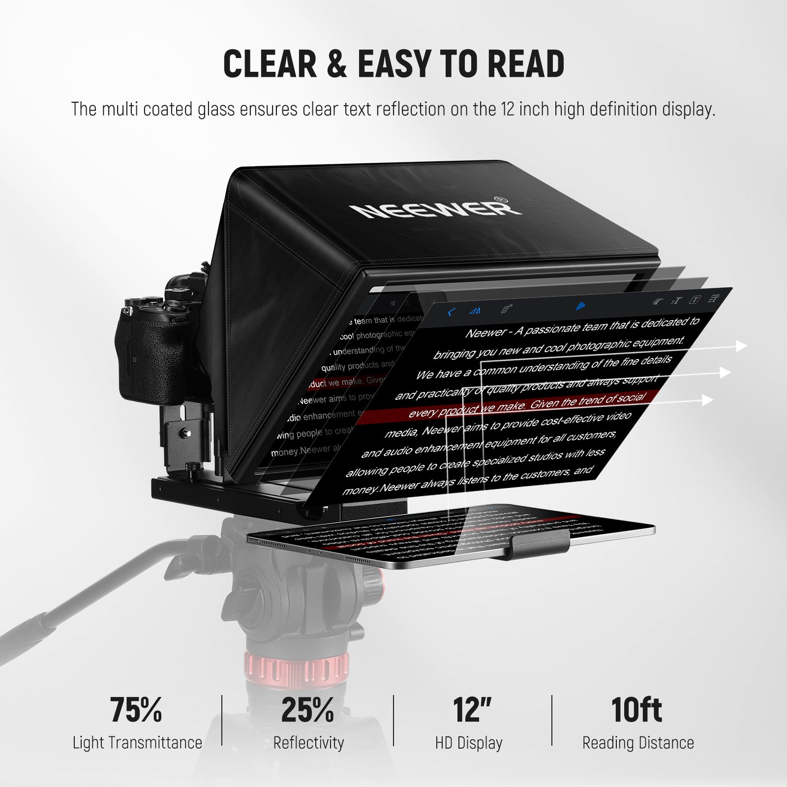 NEEWER Basics X12B Aluminum Alloy Liftable Teleprompter is clear to read.