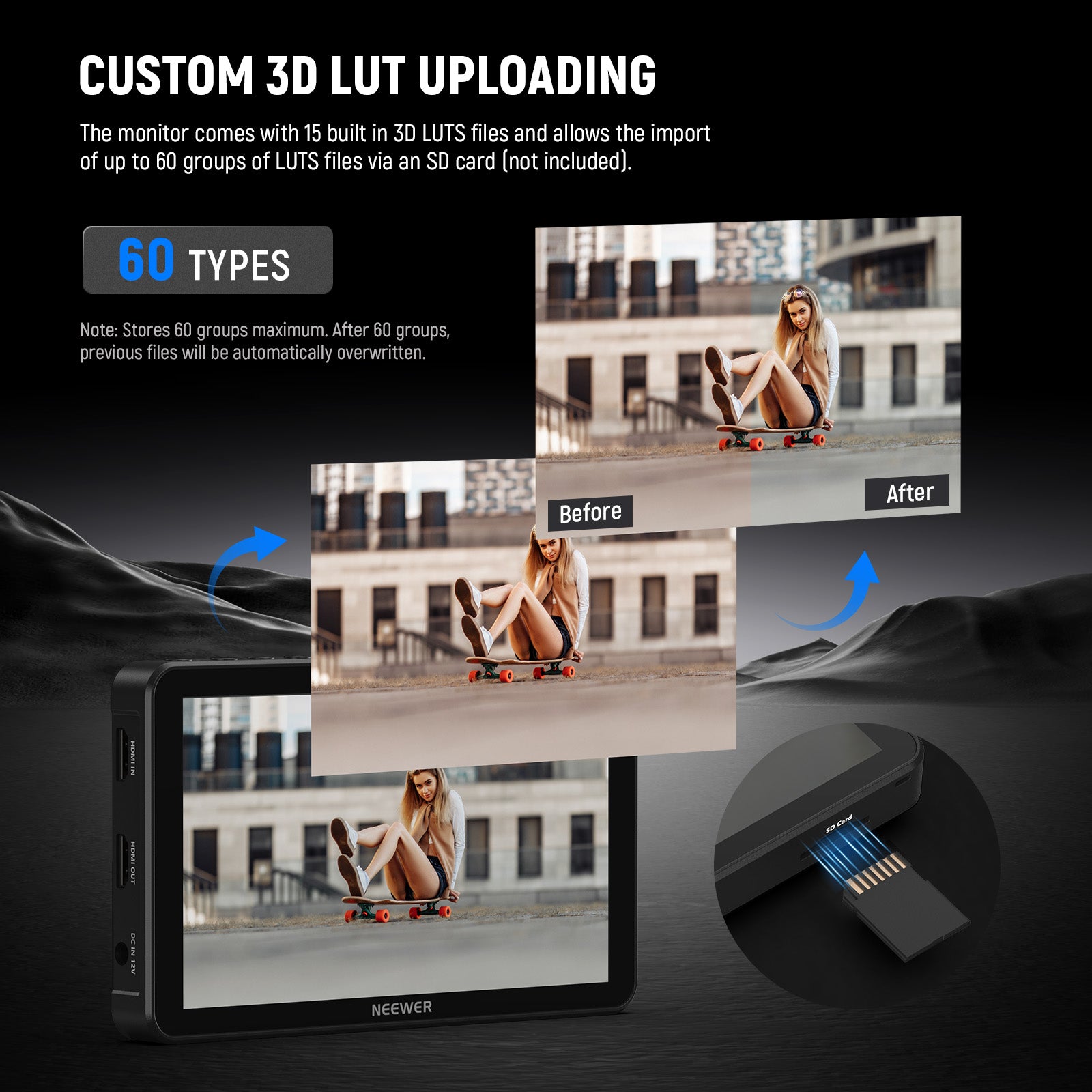 NEEWER F700 Touch Screen Field Monitor comes with 15 built in 3D LUTS files.