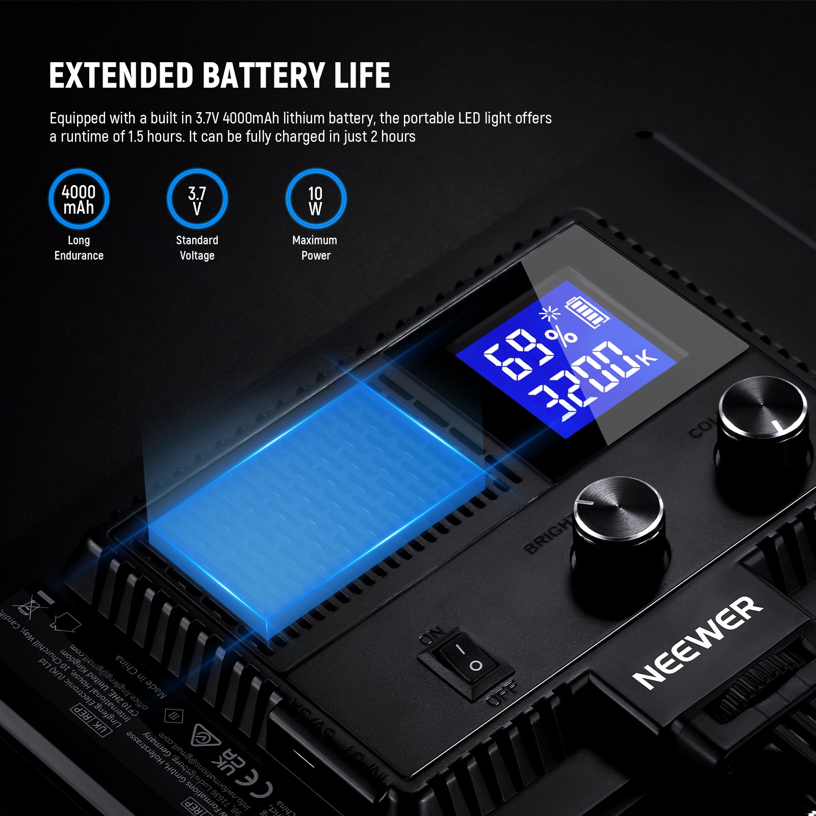 NEEWER NL-116AI Bi-Color LED Video Panel Light is equipped with a built in 3.7V 4000mAh lithium battery.
