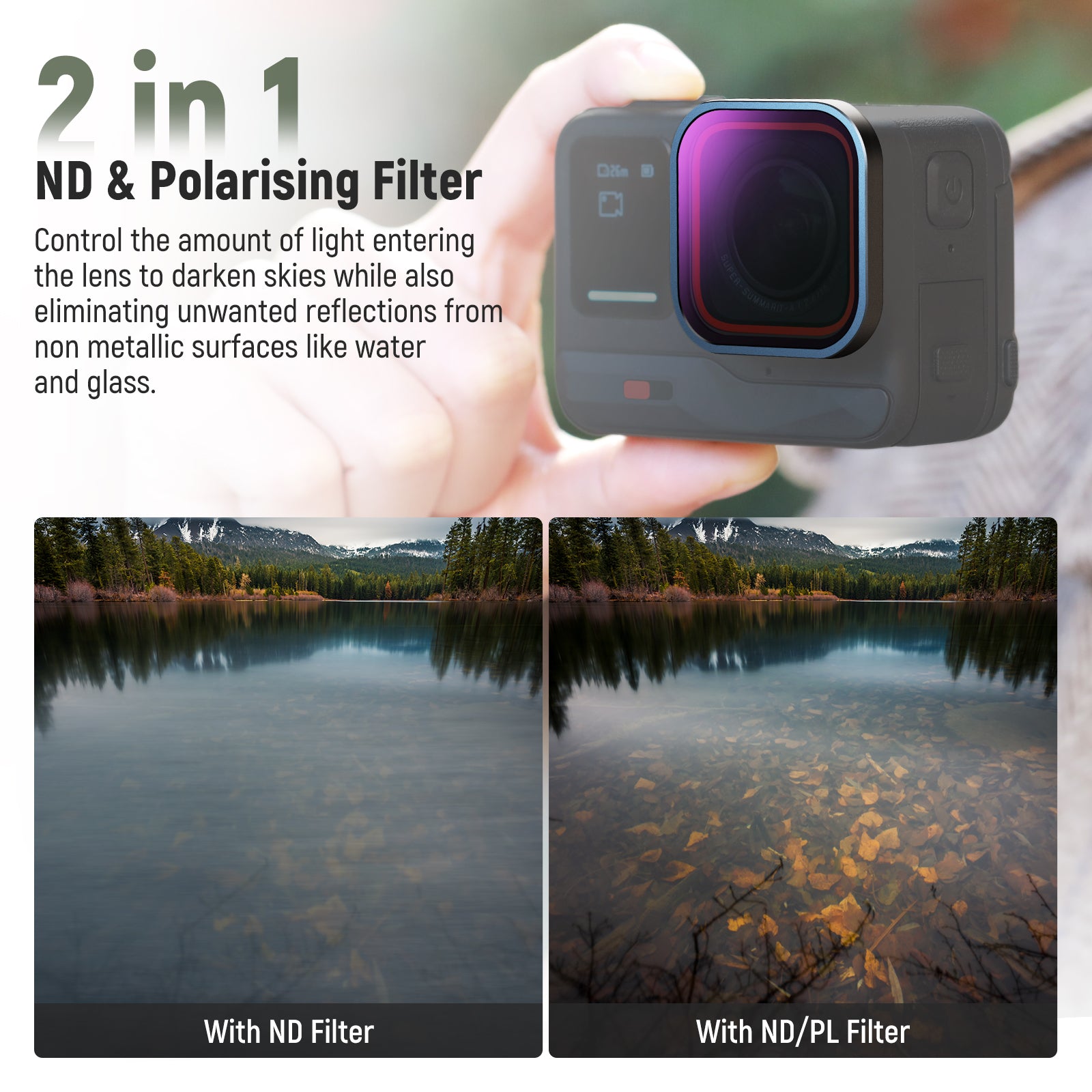 NEEWER FL-85 ND/PL Filter eliminiates unwanted reflections from water.