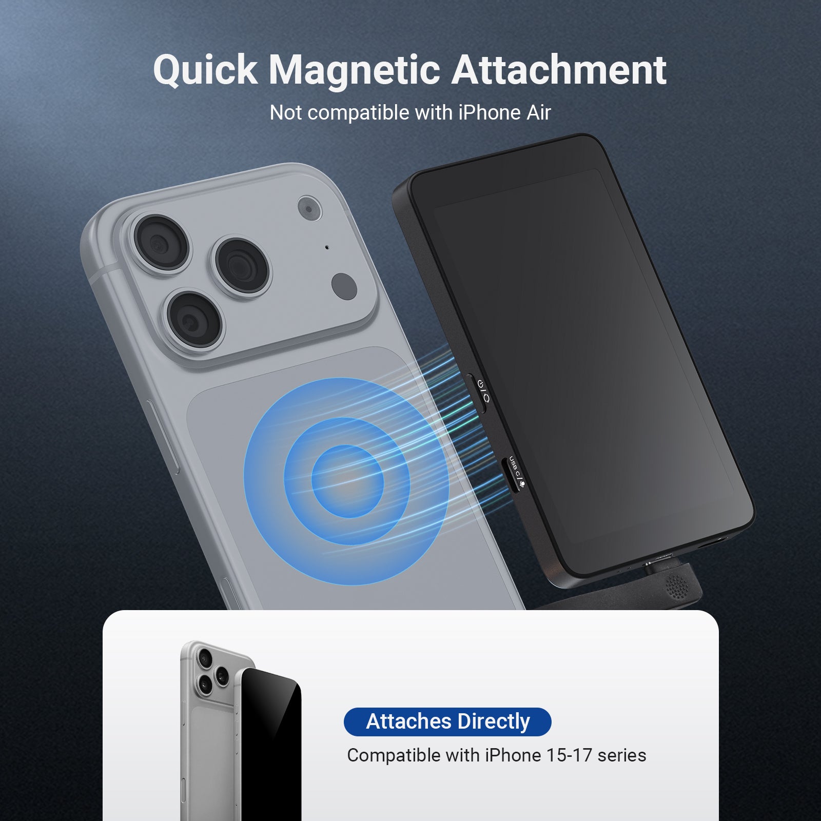 The mini back camera mirror monitor offers quick magnetic attachment.