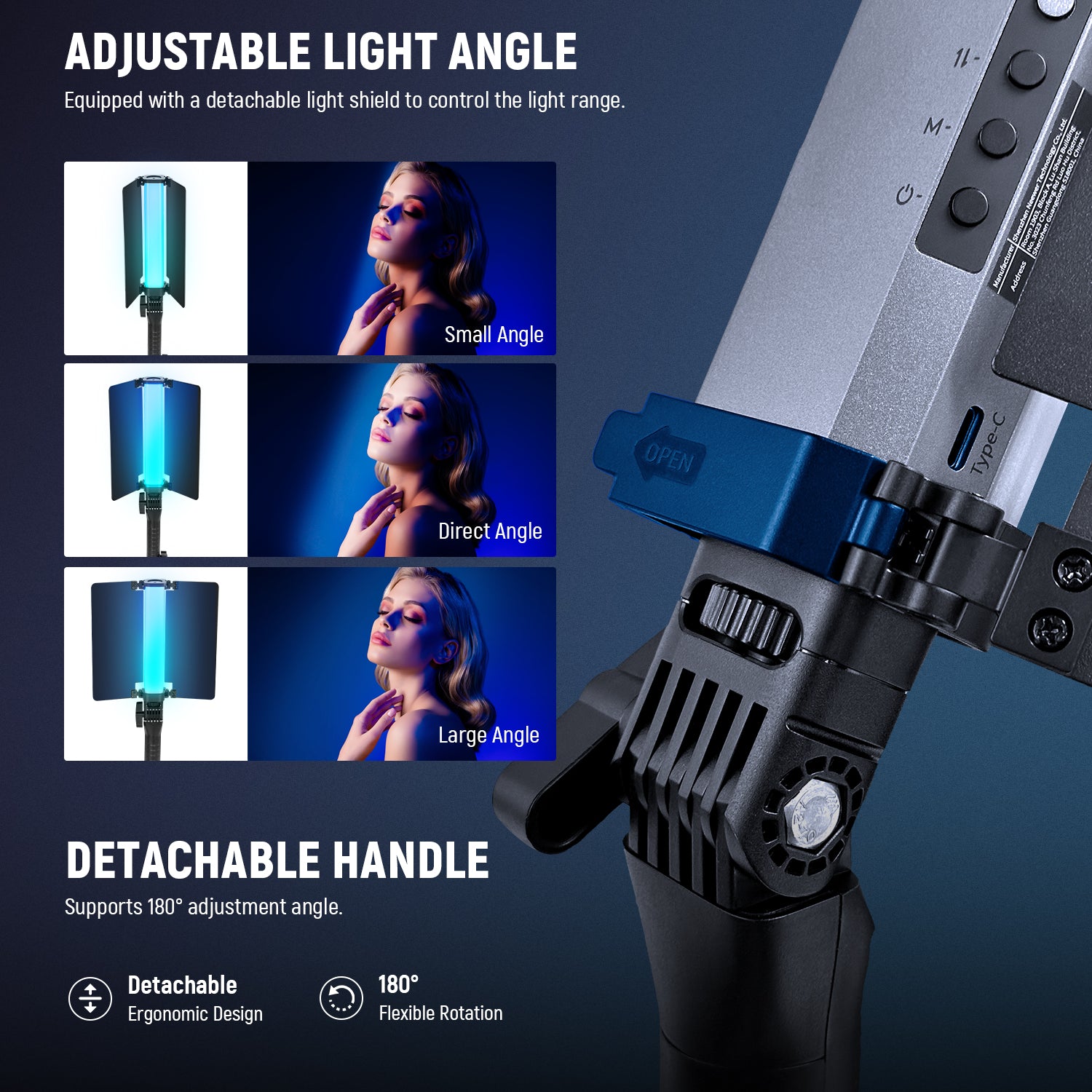 NEEWER RGB2 LED Tube Light Stick with Metal Barndoor supports 180° adjustment angle.