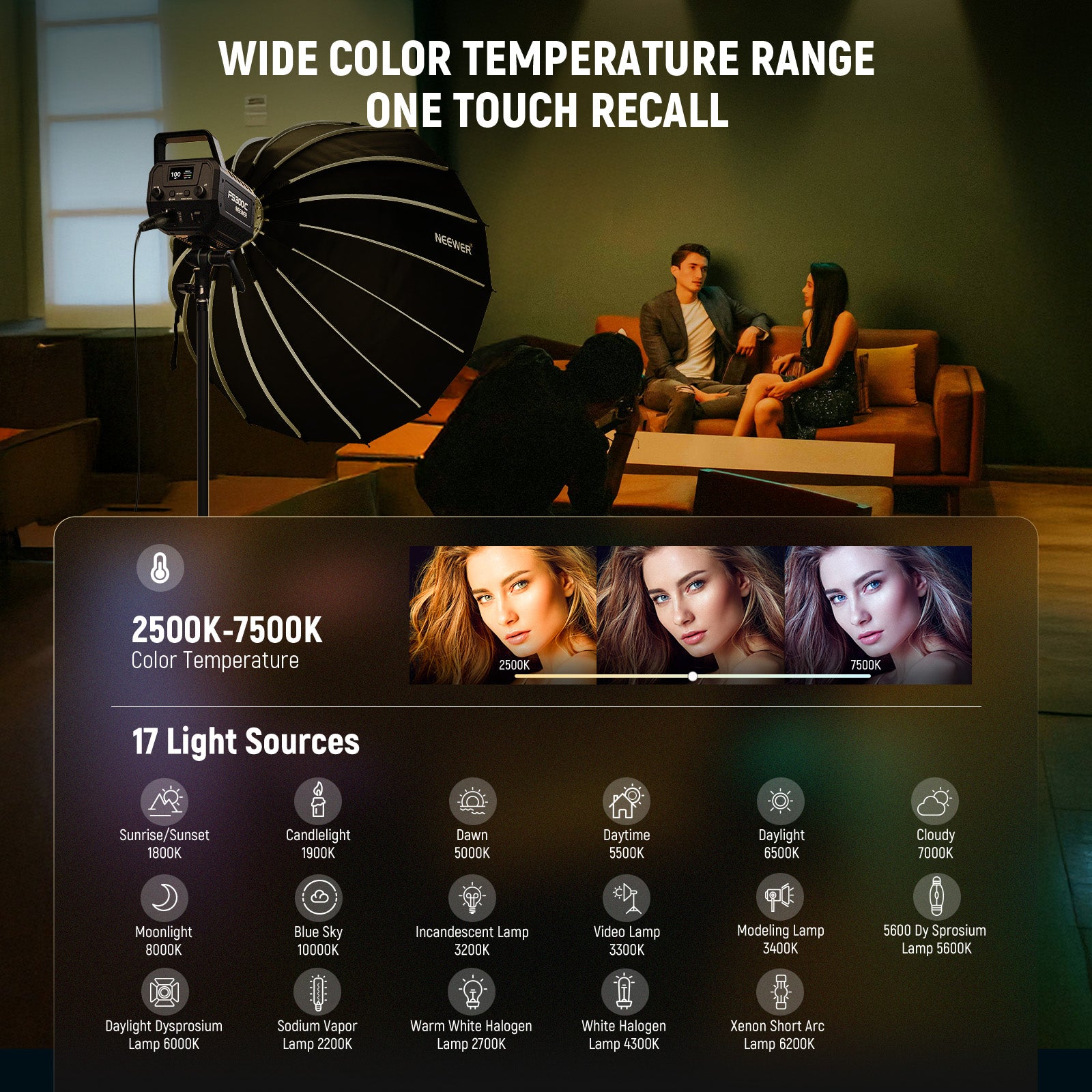 This video light has built in 2500-7500K wide color temperature.