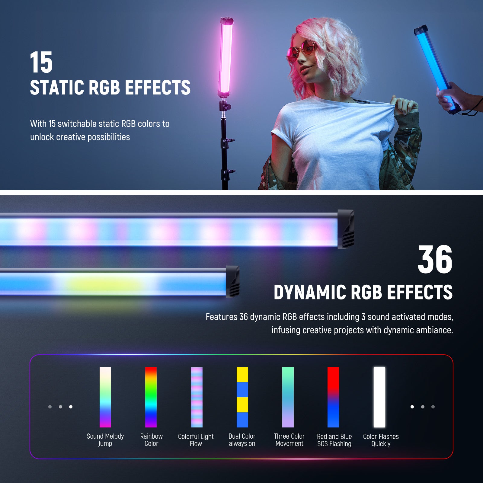 NEEWER SL30 Portable Handheld RGB Light Wand offers 15 static RGB effects.