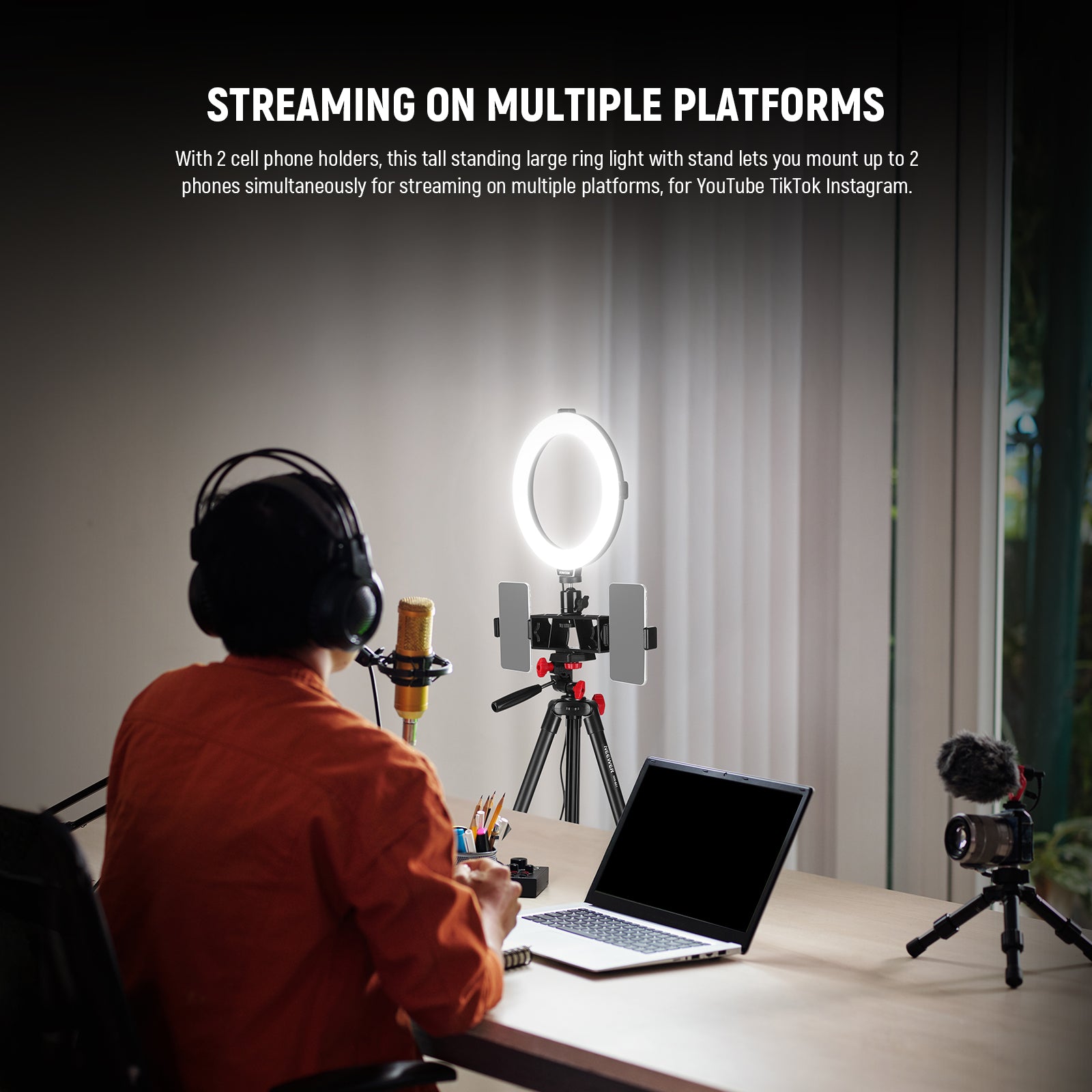 NEEWER R08 LED Ring Light is designed with 3 cold shoe mounts and 2 cell phone holders.