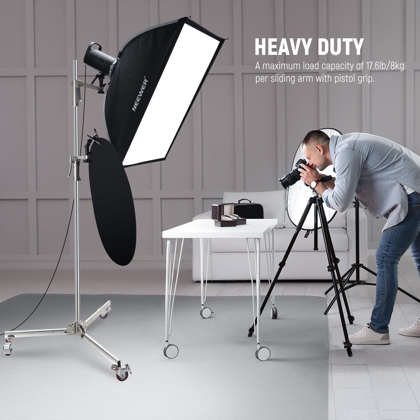 NEEWER ST198SS Heavy Duty Light Stand With Wheels supports up to 8kg.