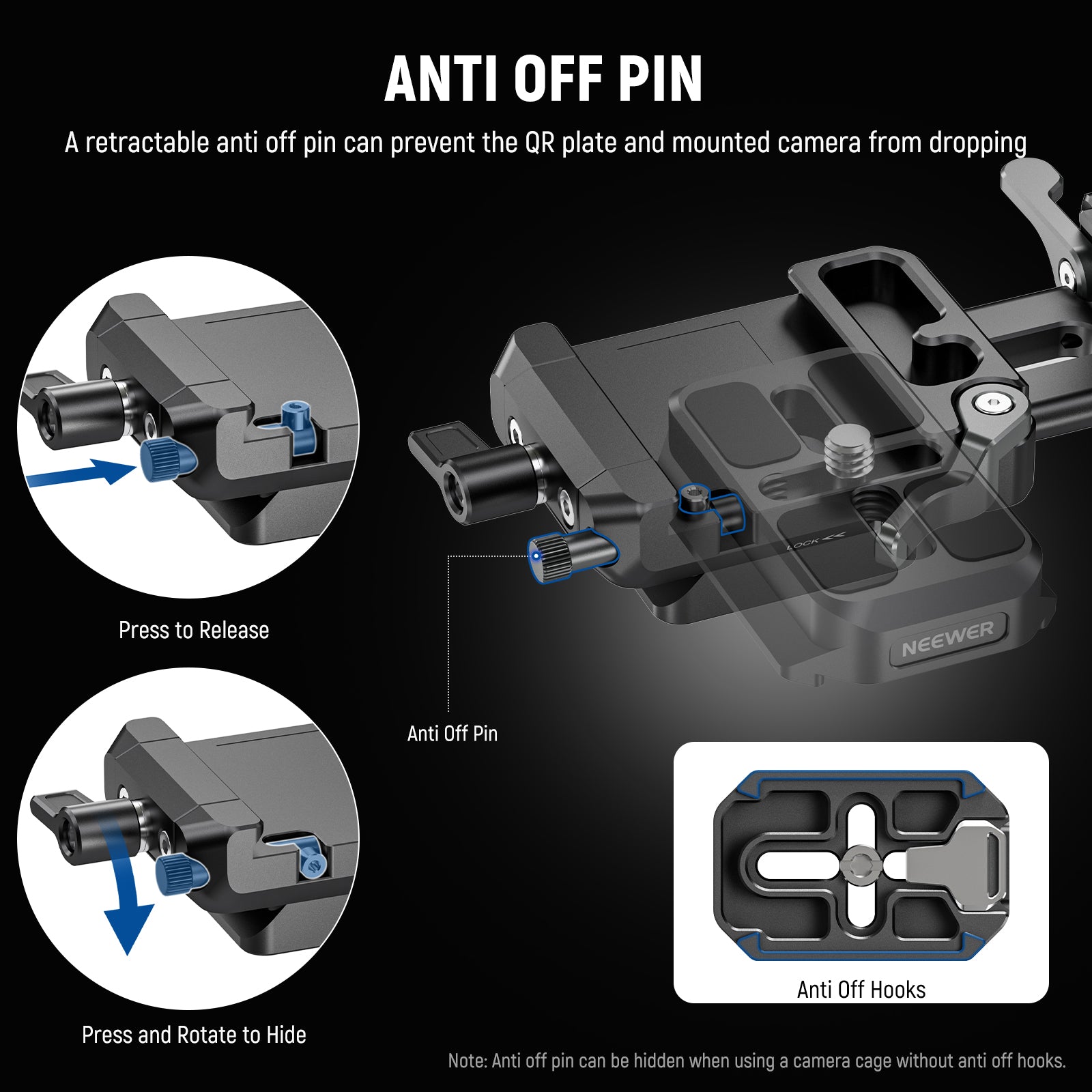 A retractable anti off pin prevents the plate and mounted camera from dropping