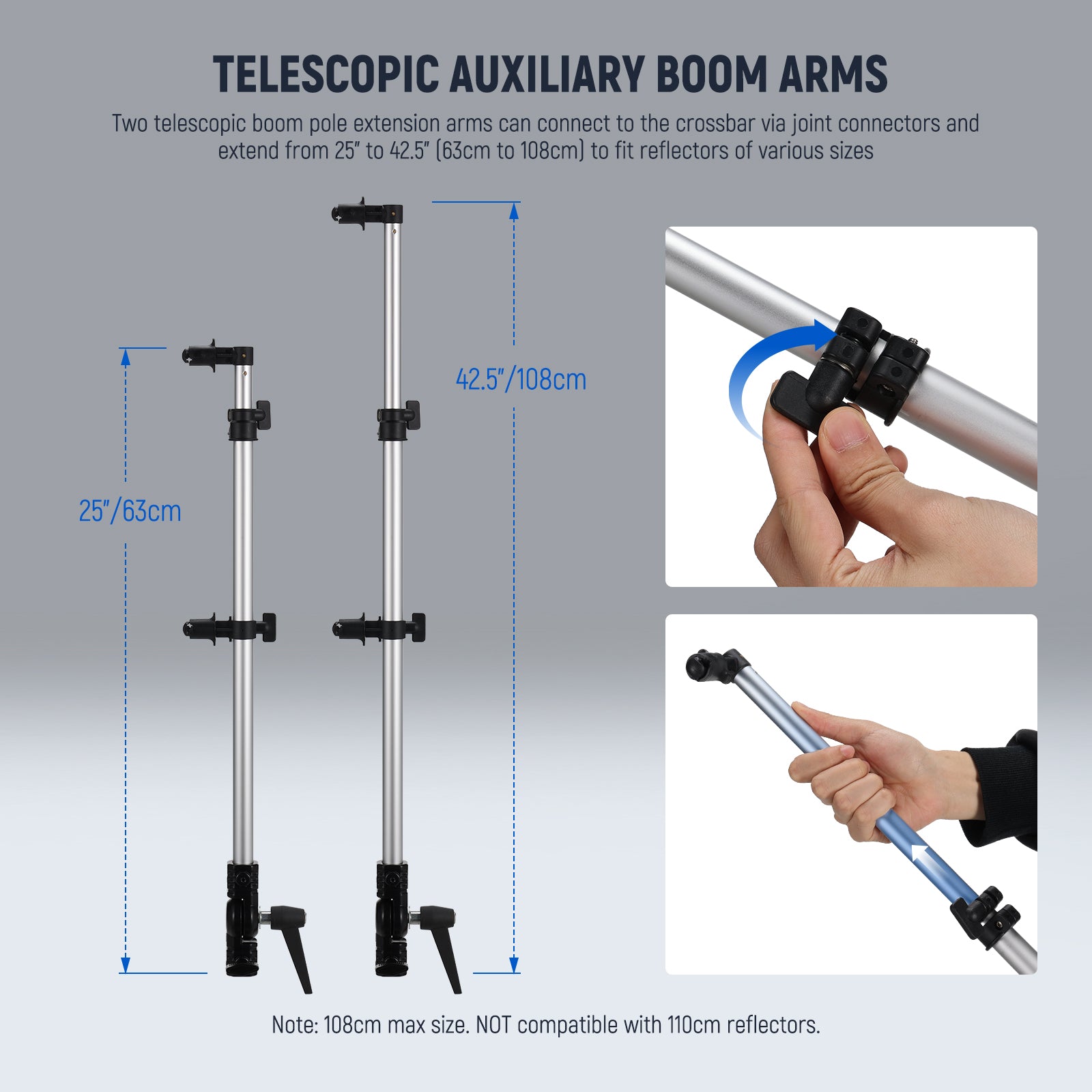 Two telescopic boom pole extension arms