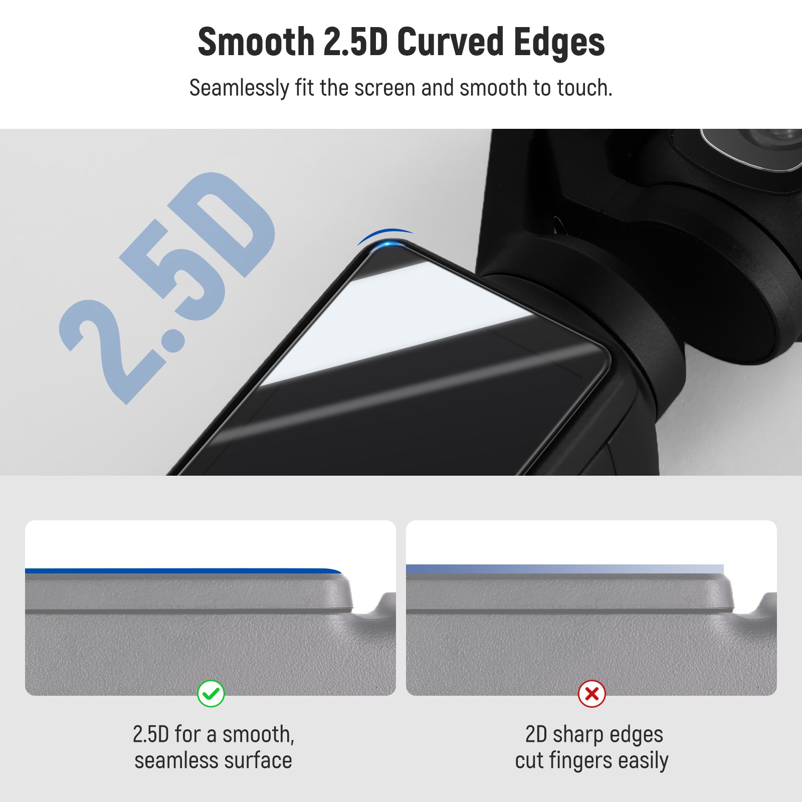 2.5D curved edges ensure a bubble free application