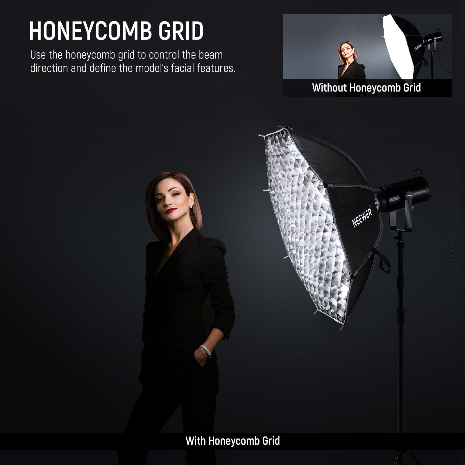 The honeycomb grid directs light at 45° and reduces spill