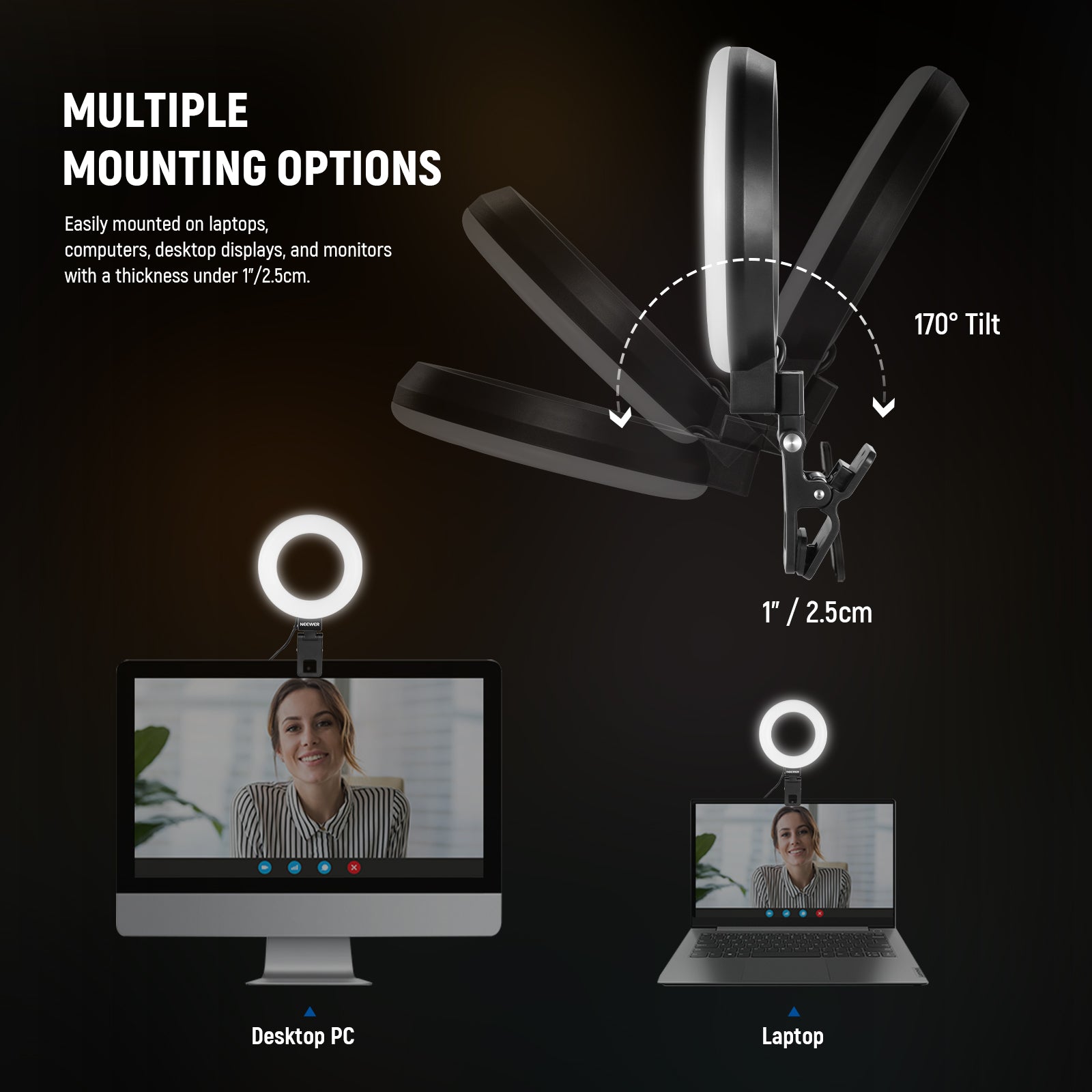 NEEWER BR60 5" Bi-color Mini Ring Light offers multiple mounting options.