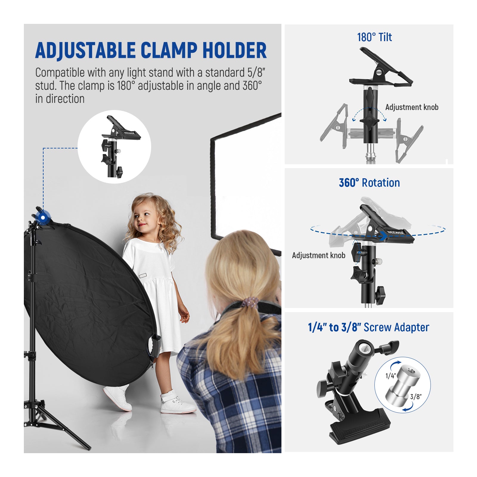 This Collapsible Photography Reflector kit includes a heavy duty metal clamp holder.