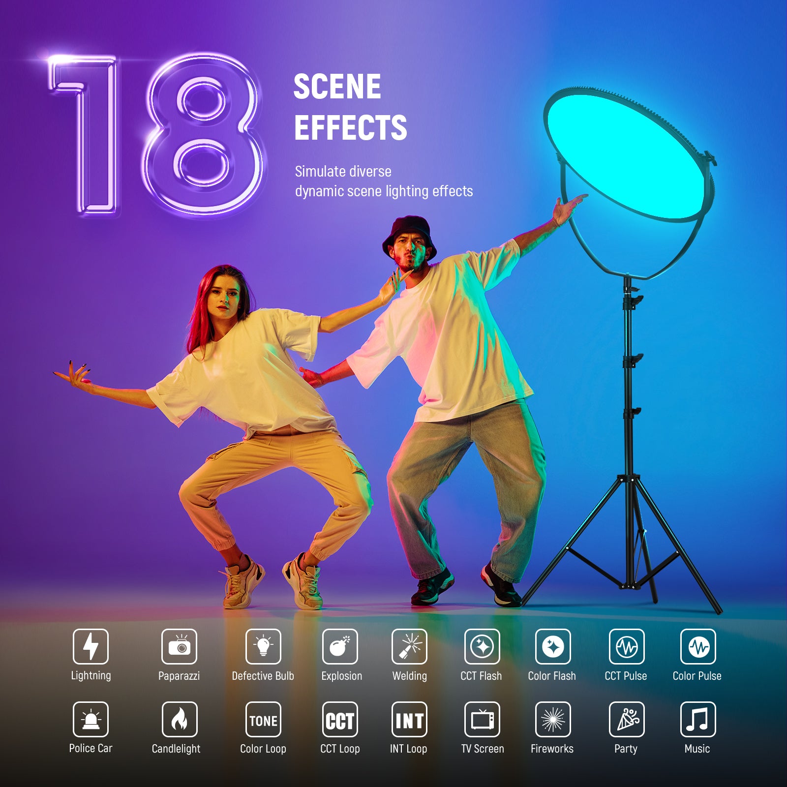 18 Scene Effects of the NEEWER GR18C Round LED Panel Light